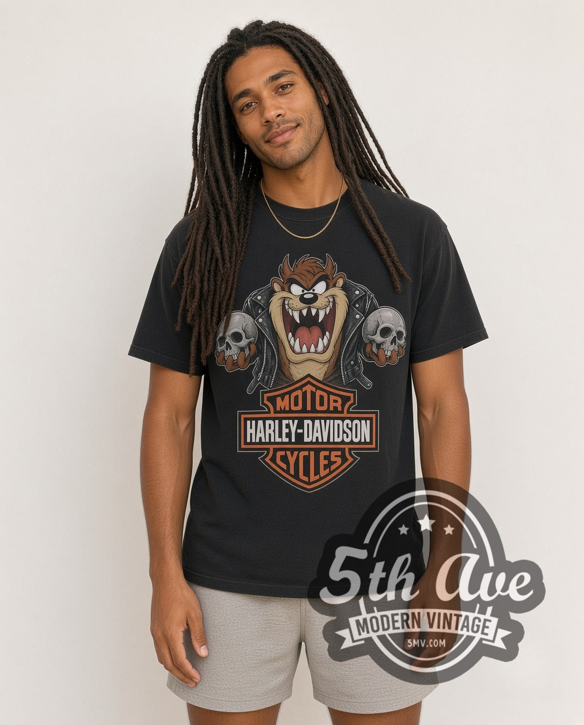 Model wearing the Looney Tunes Taz vintage Harley-Davidson tee
