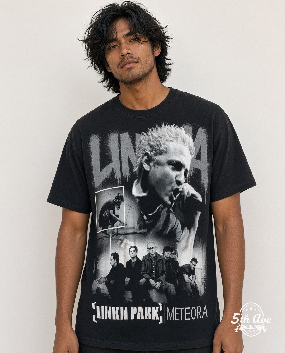Model wearing the Meteora all-over-print vintage band t-shirt