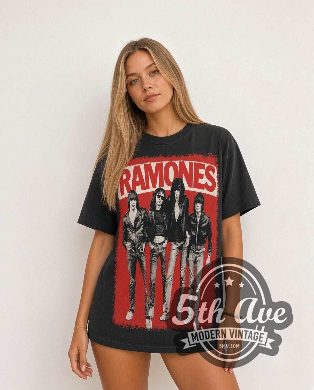 Model wearing The Ramones all-over-print vintage band t-shirt