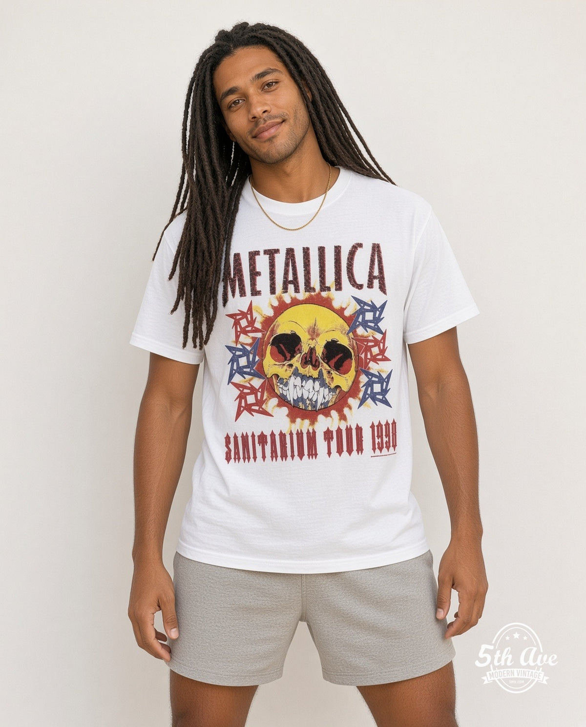 Model wearing Metallica Sanitarium Tour 1998 White vintage band tee