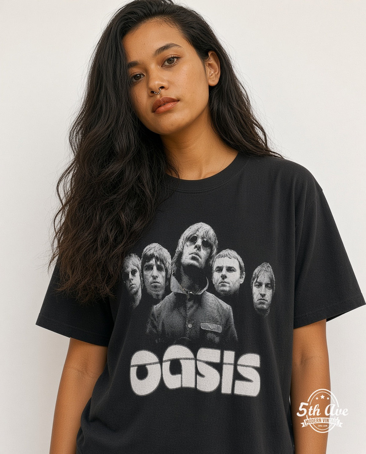 Model wearing the Oasis Liam Sunglasses Band Portrait White Logo vintage band t-shirt