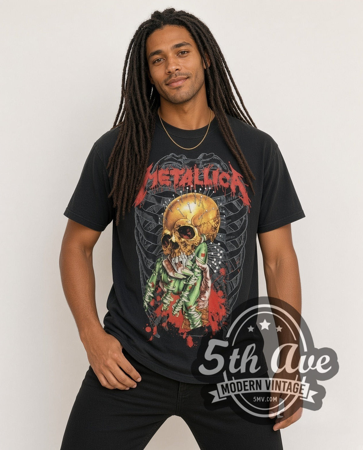 Model wearing the Metallica Yellow Skull Green Claw Blood Splash vintage band t-shirt
