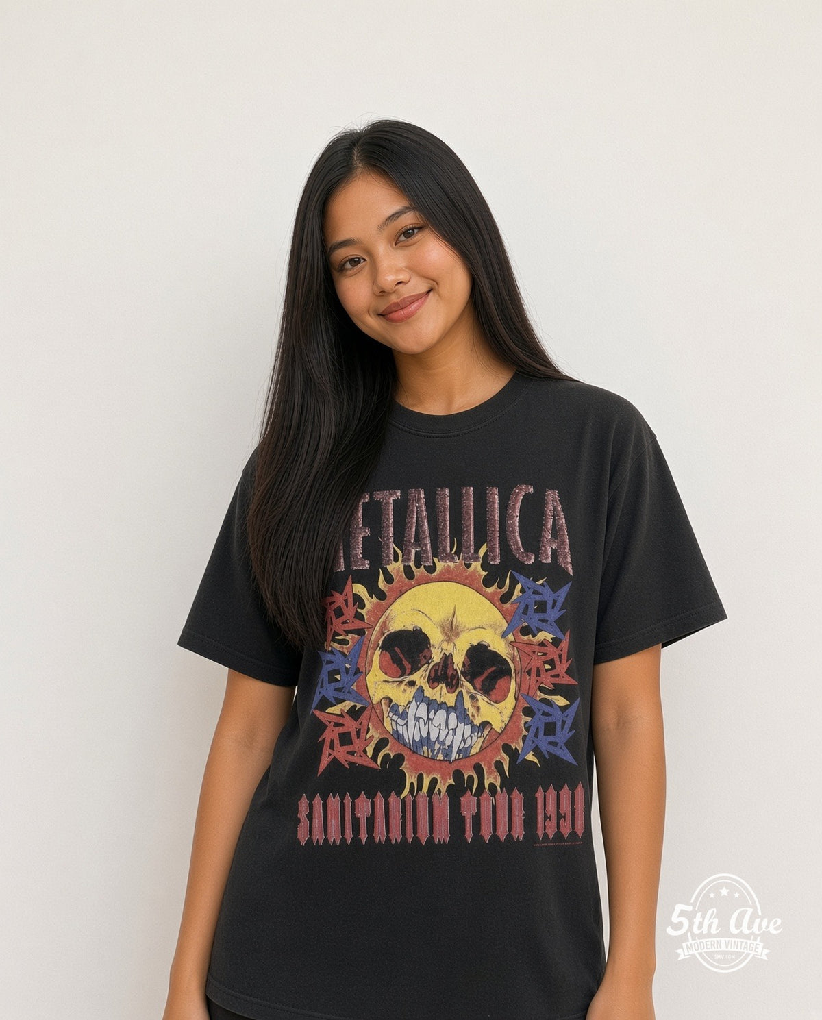 Model wearing Metallica Sanitarium Tour 1998 Black vintage band tee
