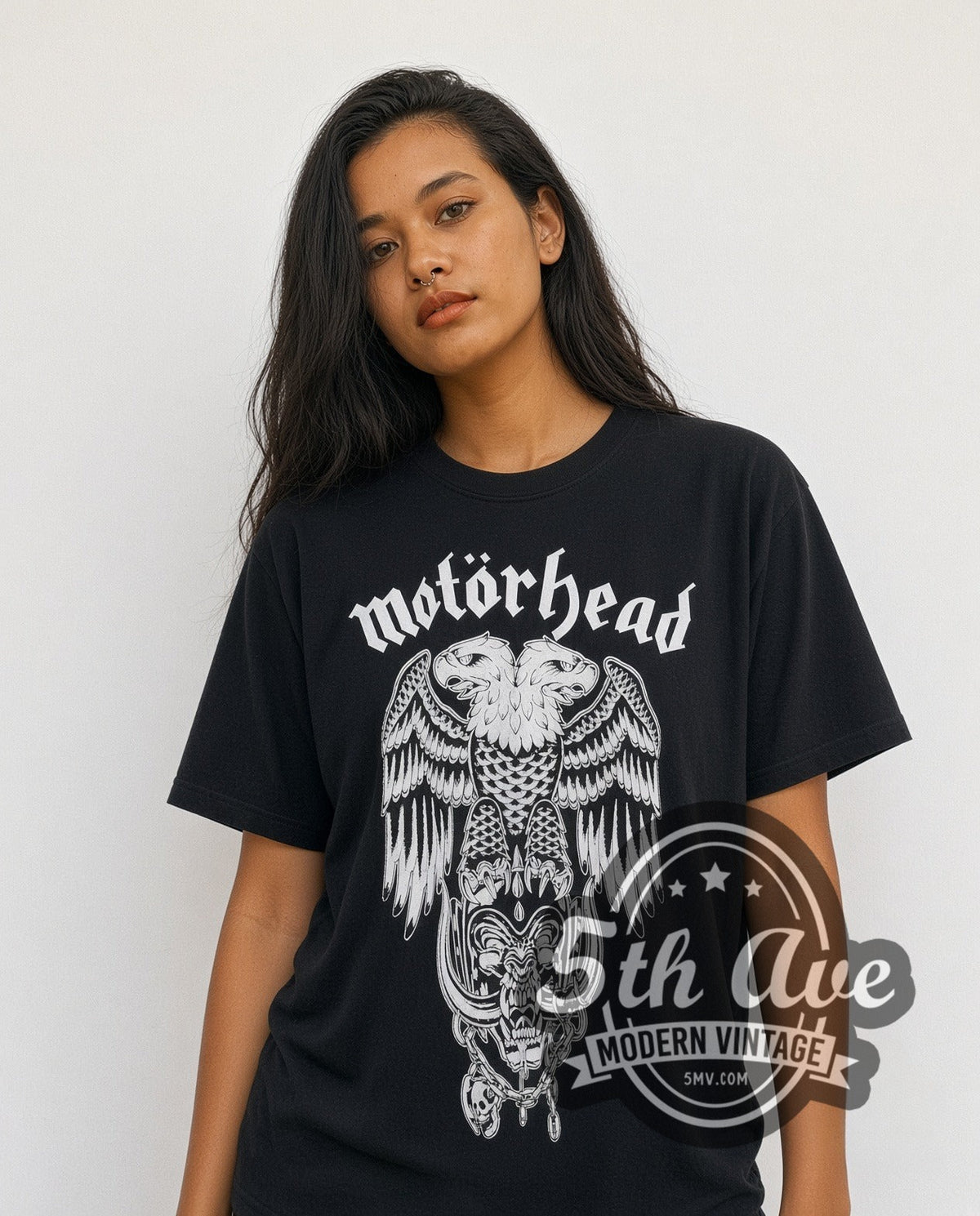 Model wearing the Motörhead Two-Headed Eagle Snaggletooth vintage band t-shirt