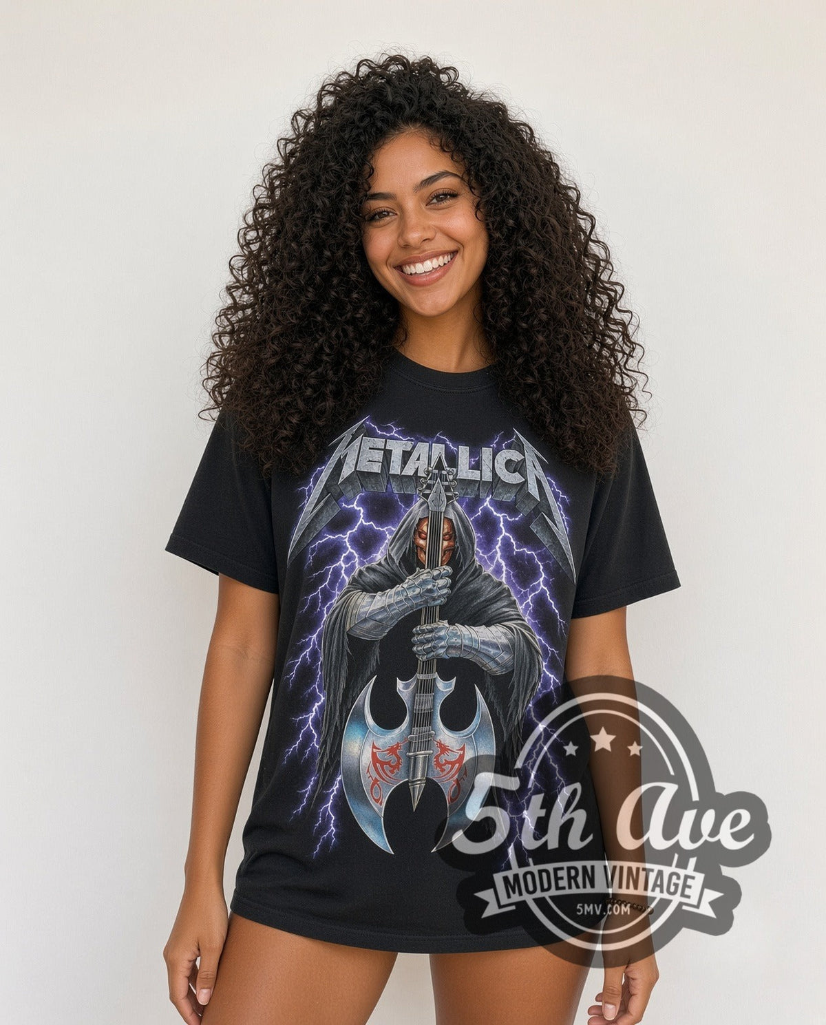 Model wearing the Metallica Hooded Axe Guitar Blue Lightning vintage band t-shirt