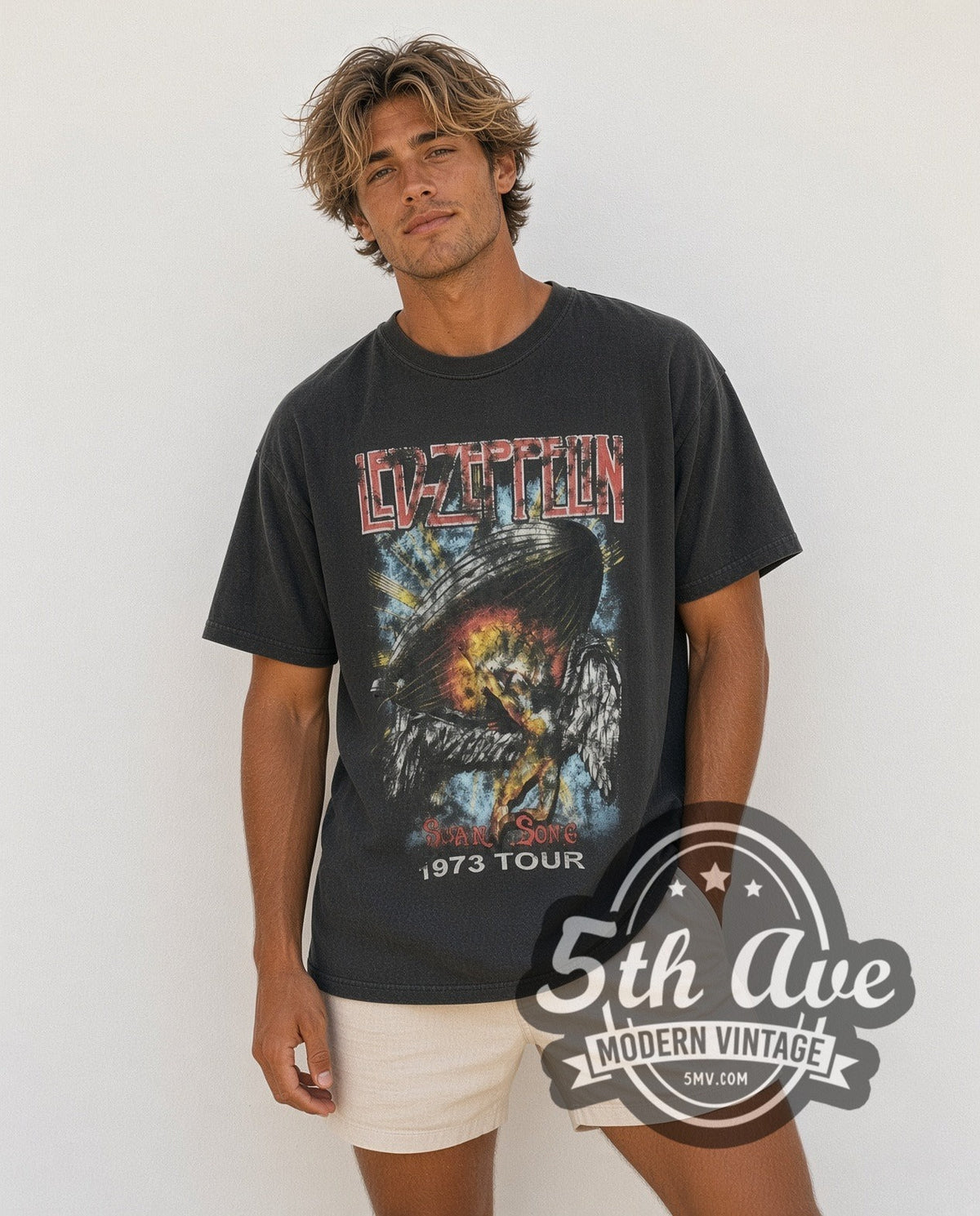 Model wearing the Led Zeppelin Swan Song U.S. Tour 1973 vintage band t-shirt