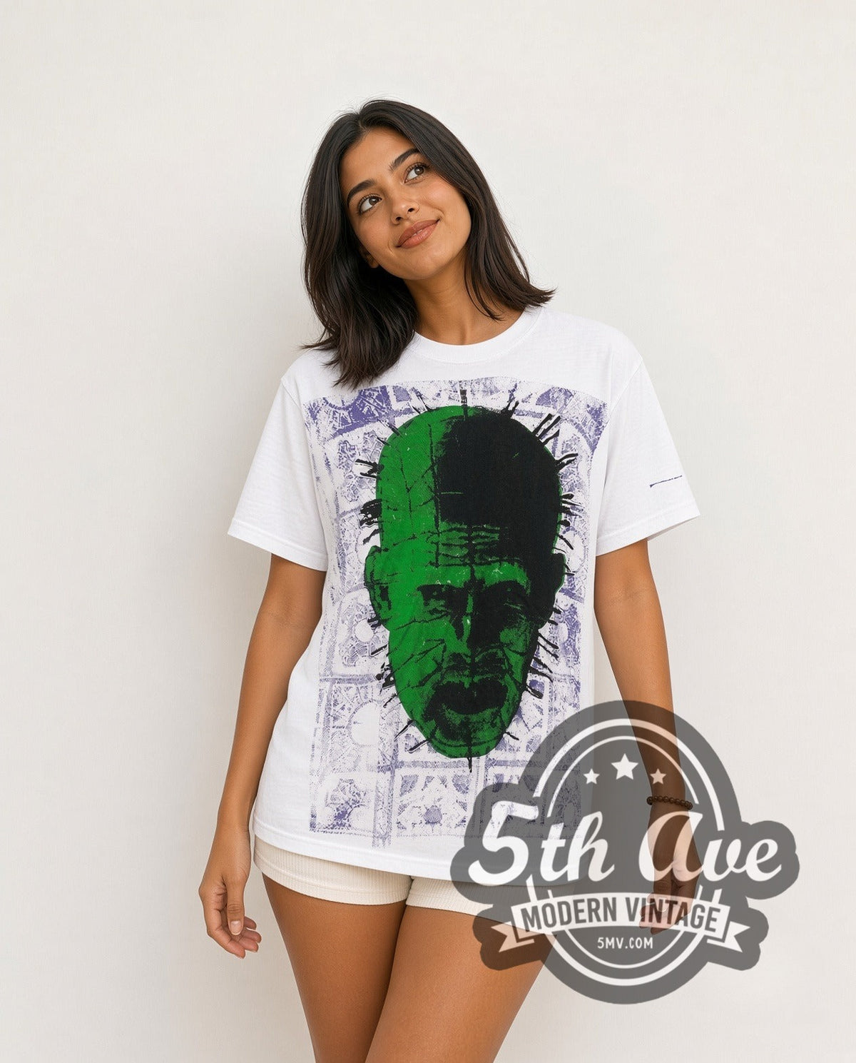 Model wearing the Hellraiser Pinhead the Hell Priest all-over-print vintage graphic t-shirt