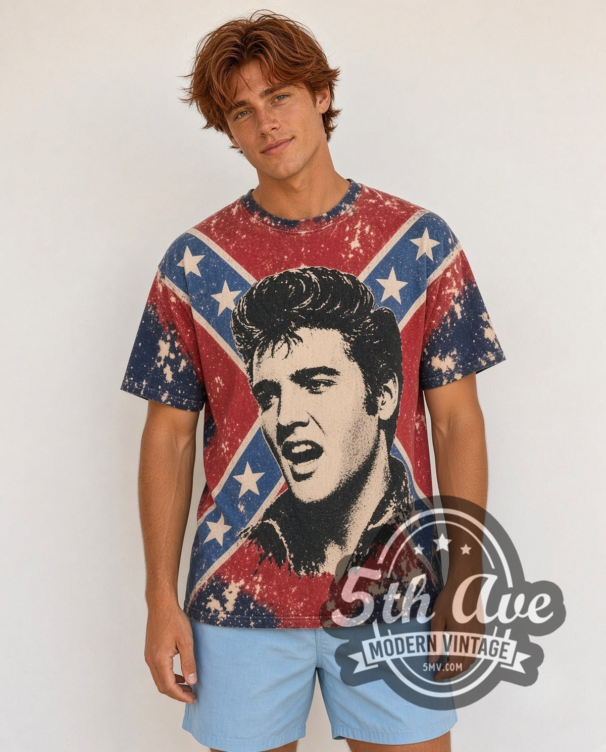 Model wearing the Elvis Presley King of Rock and Roll all-over-print vintage band t-shirt