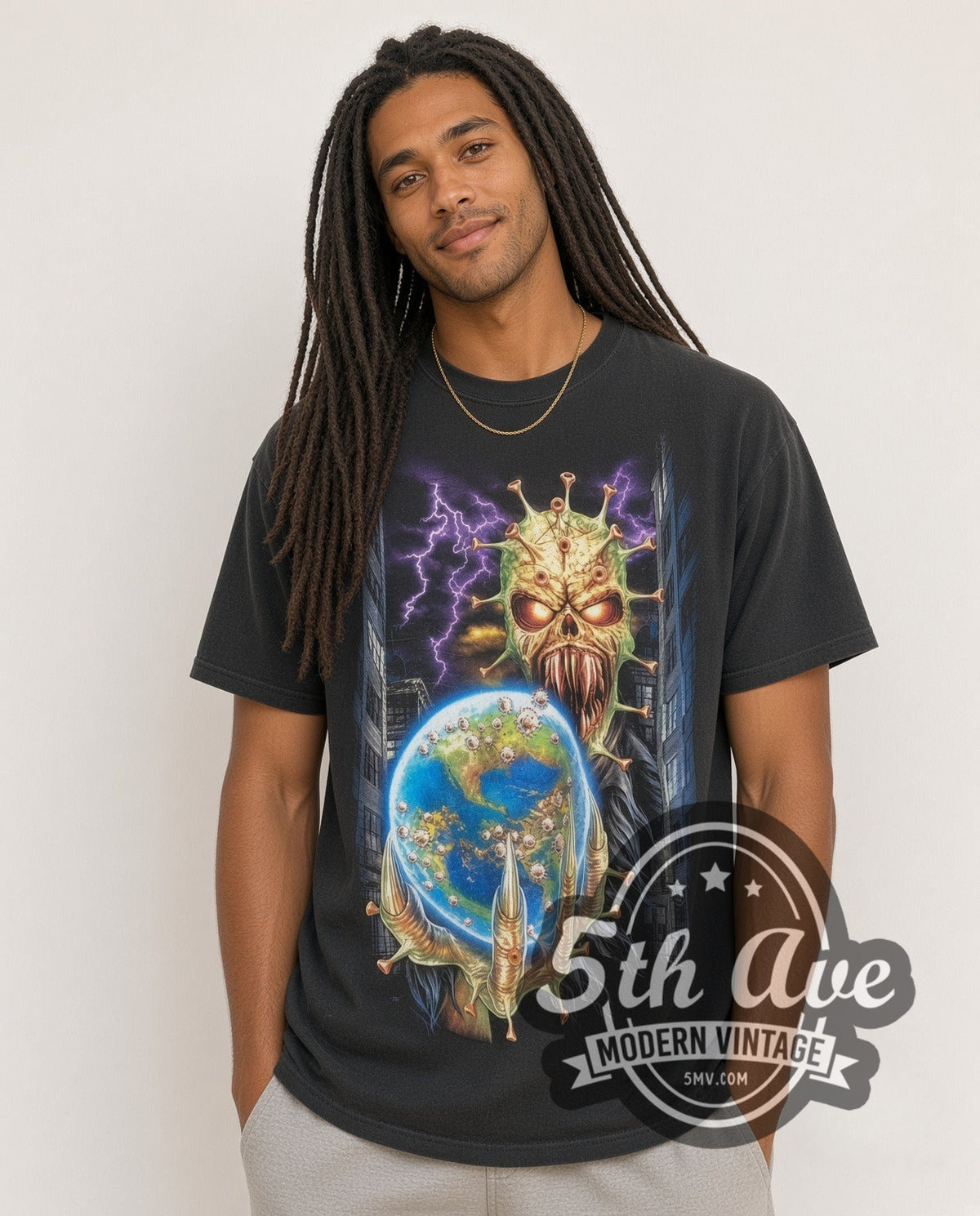 Model wearing the COVID-19 Cosmic Threat Virus Art vintage graphic tee