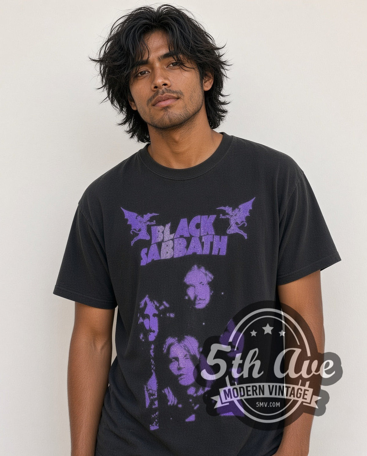 Model wearing the Black Sabbath Angelic Legends in Purple Haze vintage band t-shirt