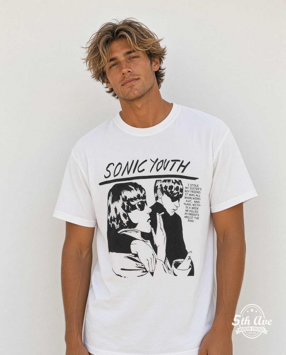 Model wearing the Sonic Youth Goo Album Cover White vintage band t-shirt in white