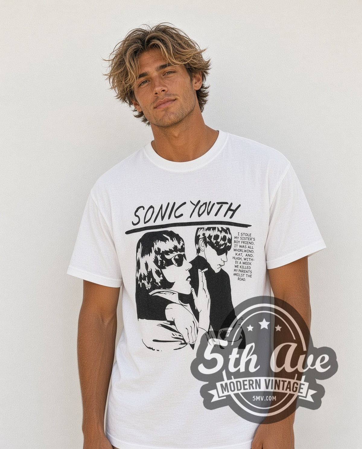 Model wearing the Sonic Youth Goo Album Cover White vintage band t-shirt in white