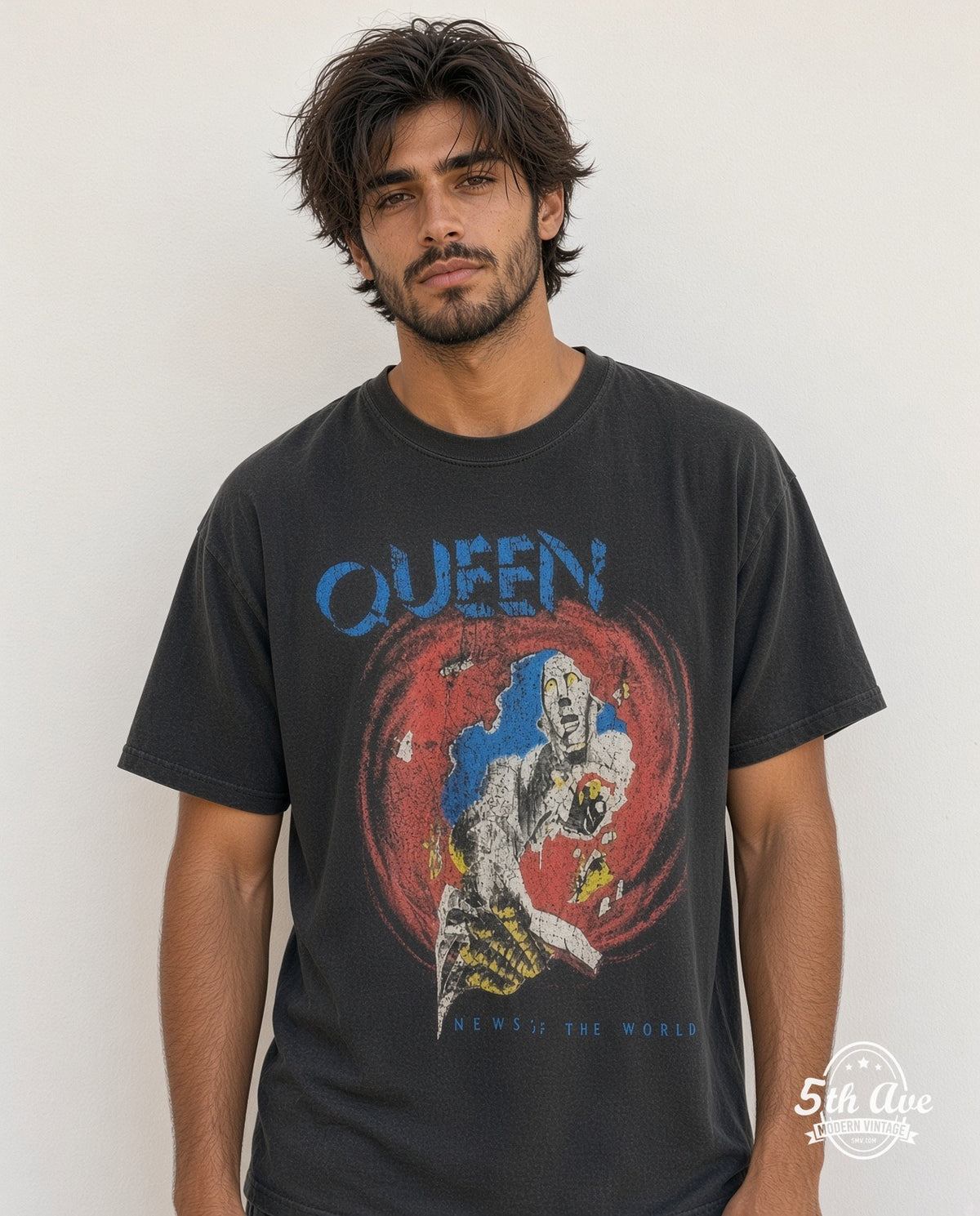 Model wearing the Queen News of the World vintage band t-shirt