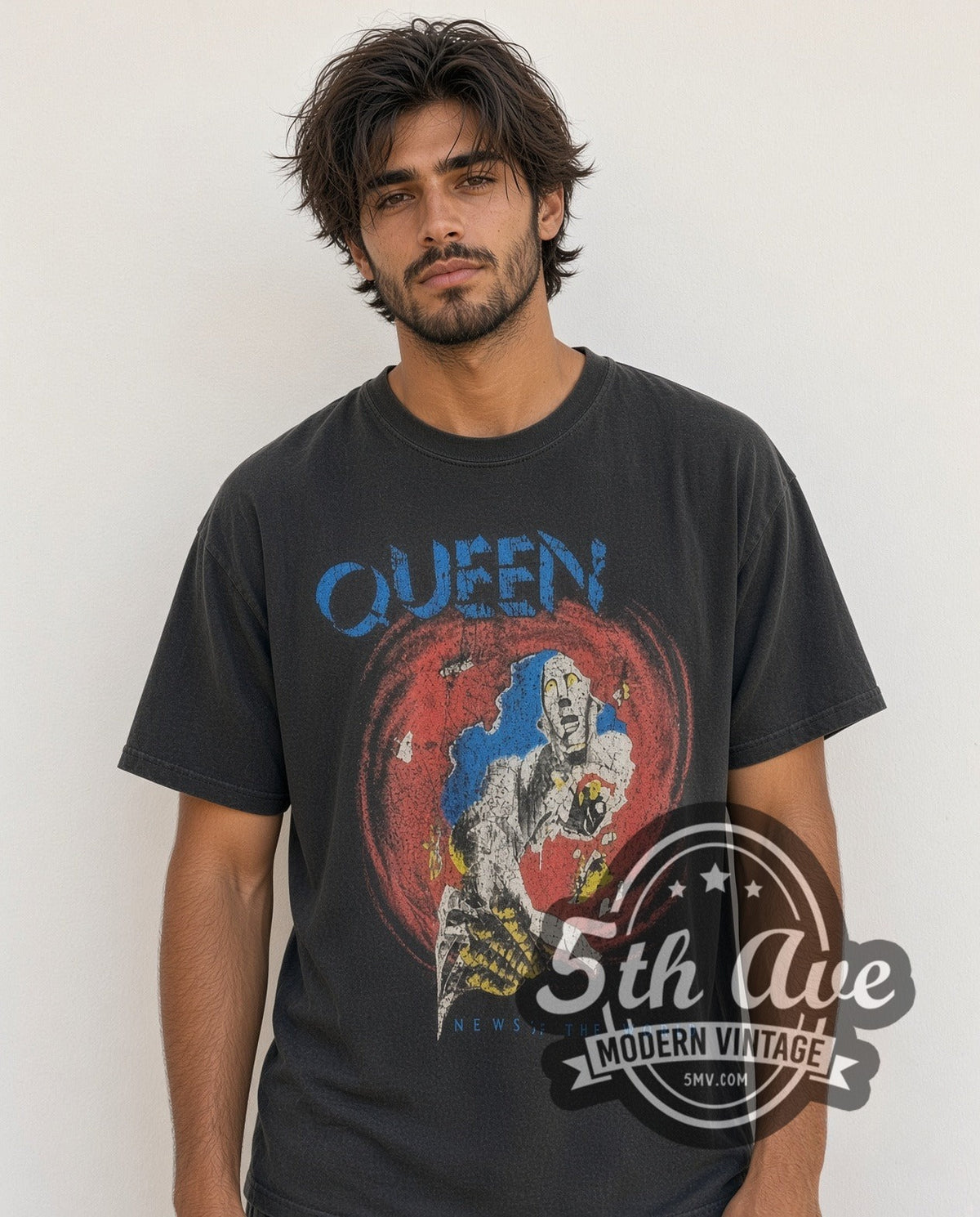 Model wearing the Queen News of the World vintage band t-shirt