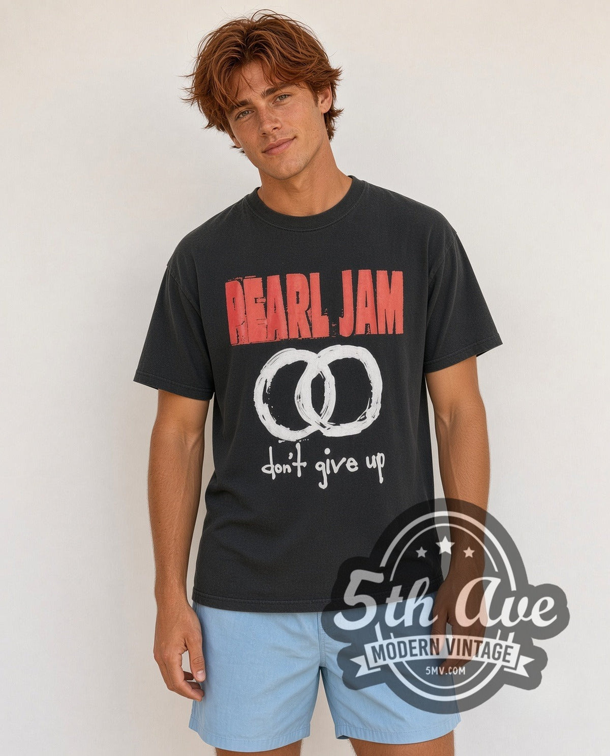 Model wearing the Pearl Jam Don't Give Up vintage band t-shirt