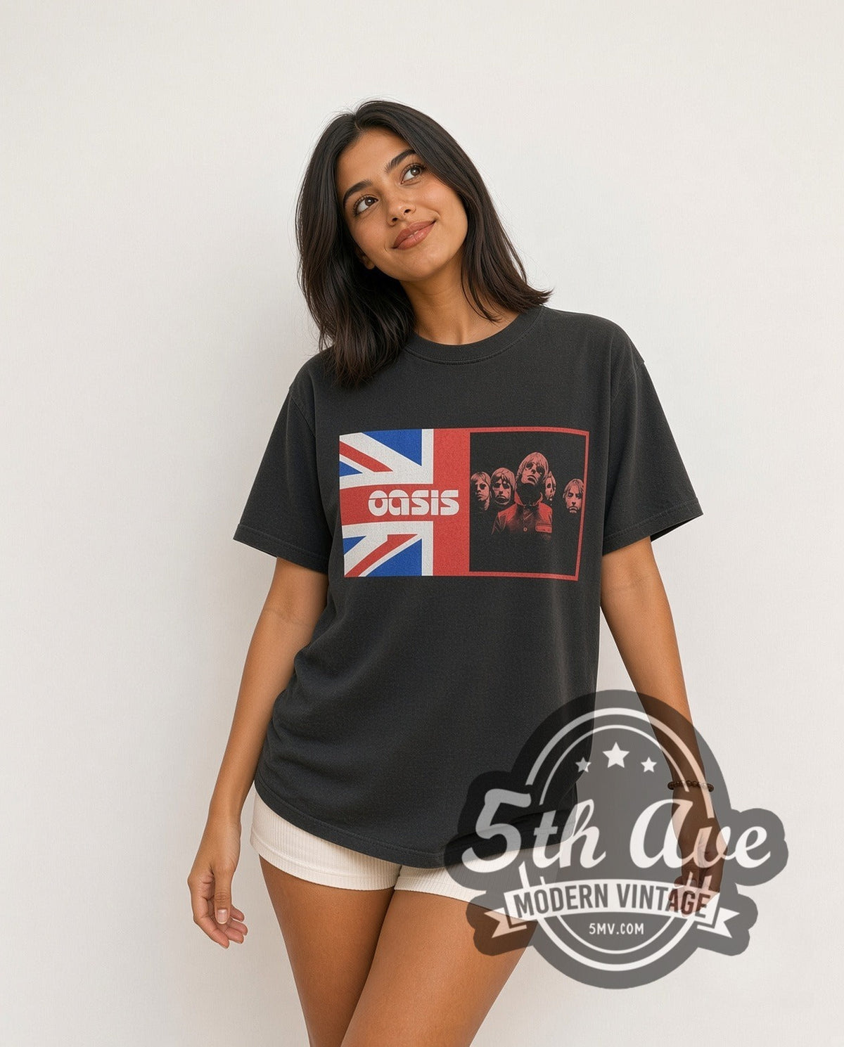 Model wearing the Oasis Union Jack Band Photo Red Jacket vintage band t-shirt