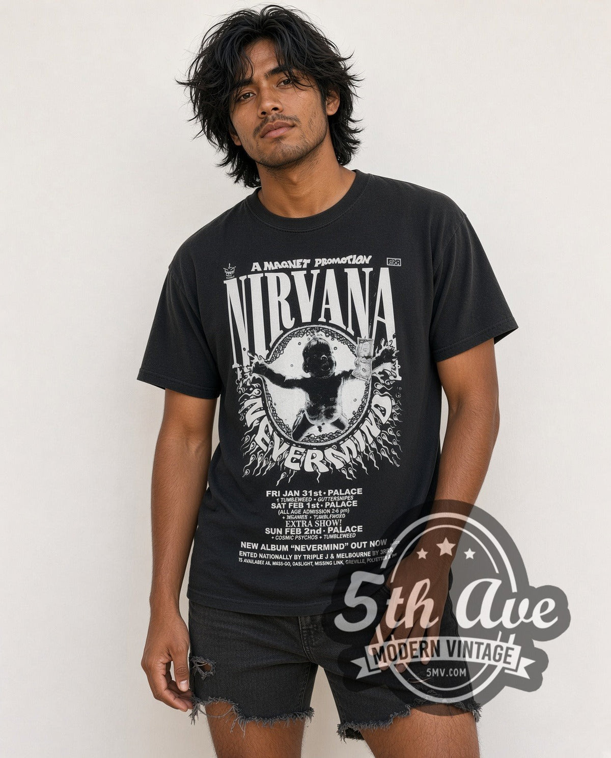 Model wearing the Nirvana Nevermind Australian Palace Concert Poster vintage band t-shirt