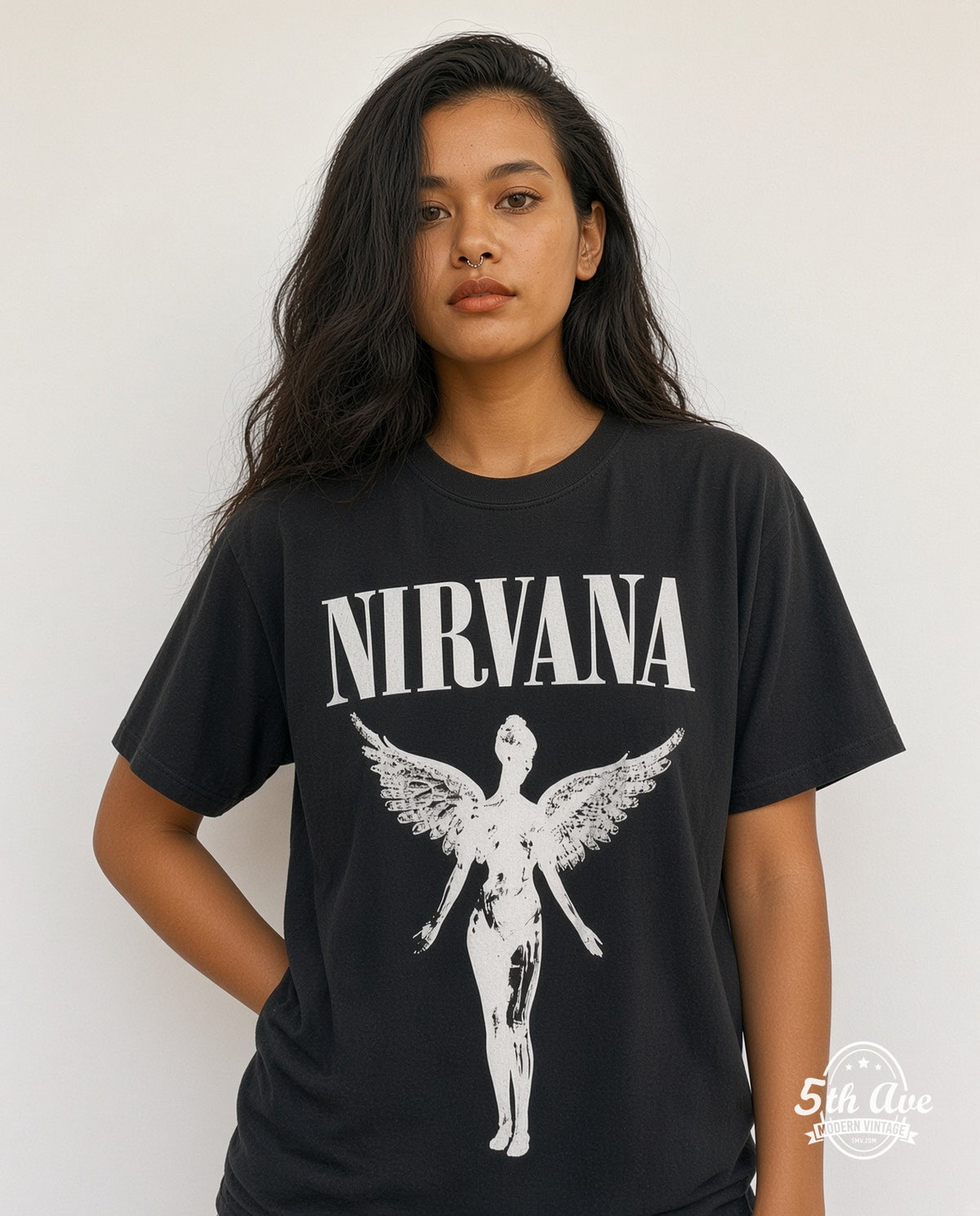 Model wearing the Nirvana In Utero Glow in the Dark vintage band t-shirt