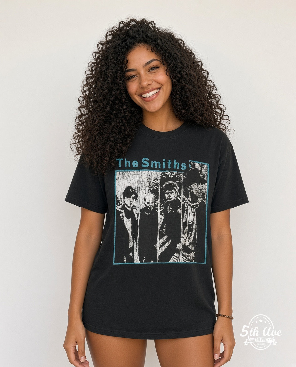 Model wearing The Smiths vintage band t-shirt