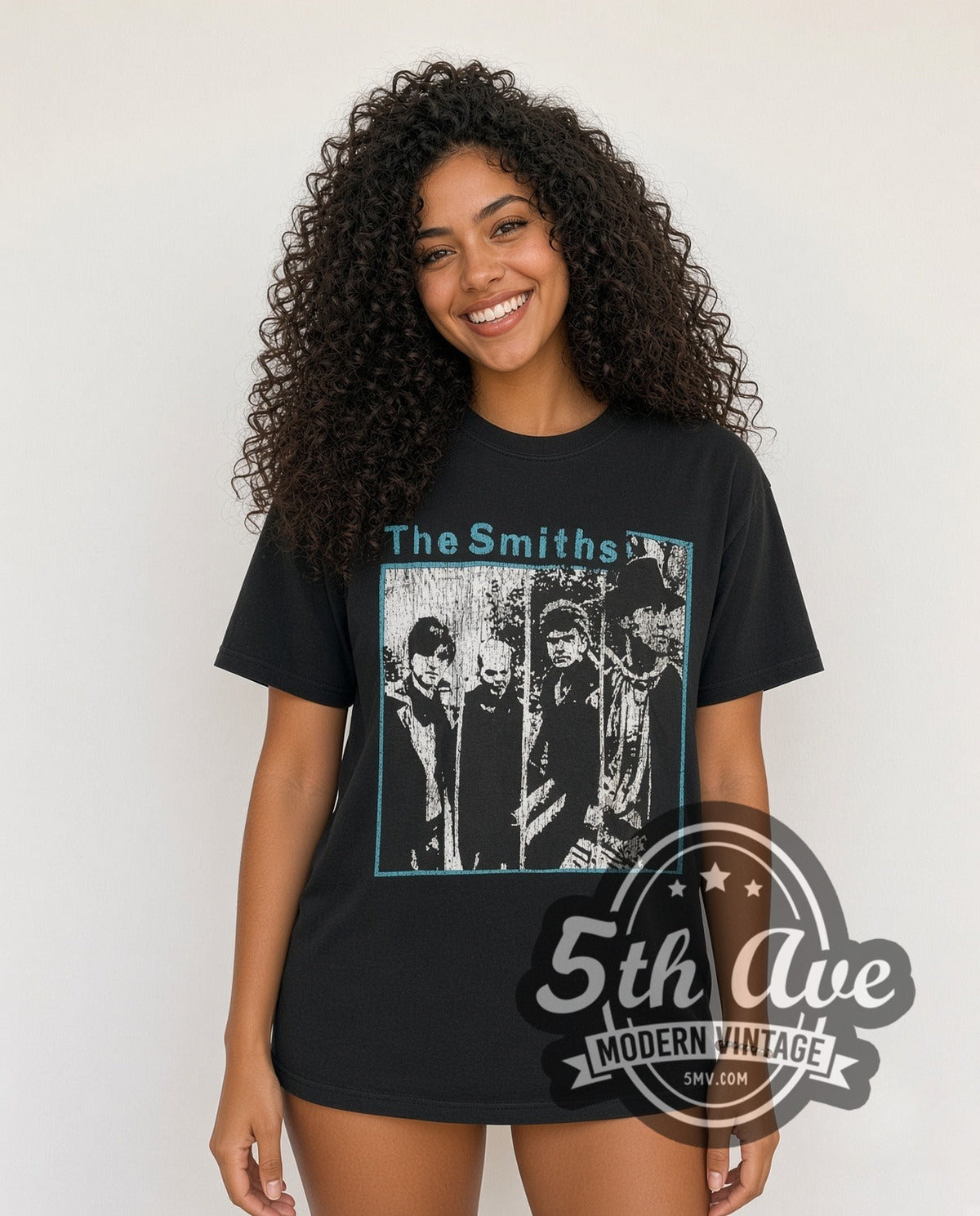 Model wearing The Smiths vintage band t-shirt