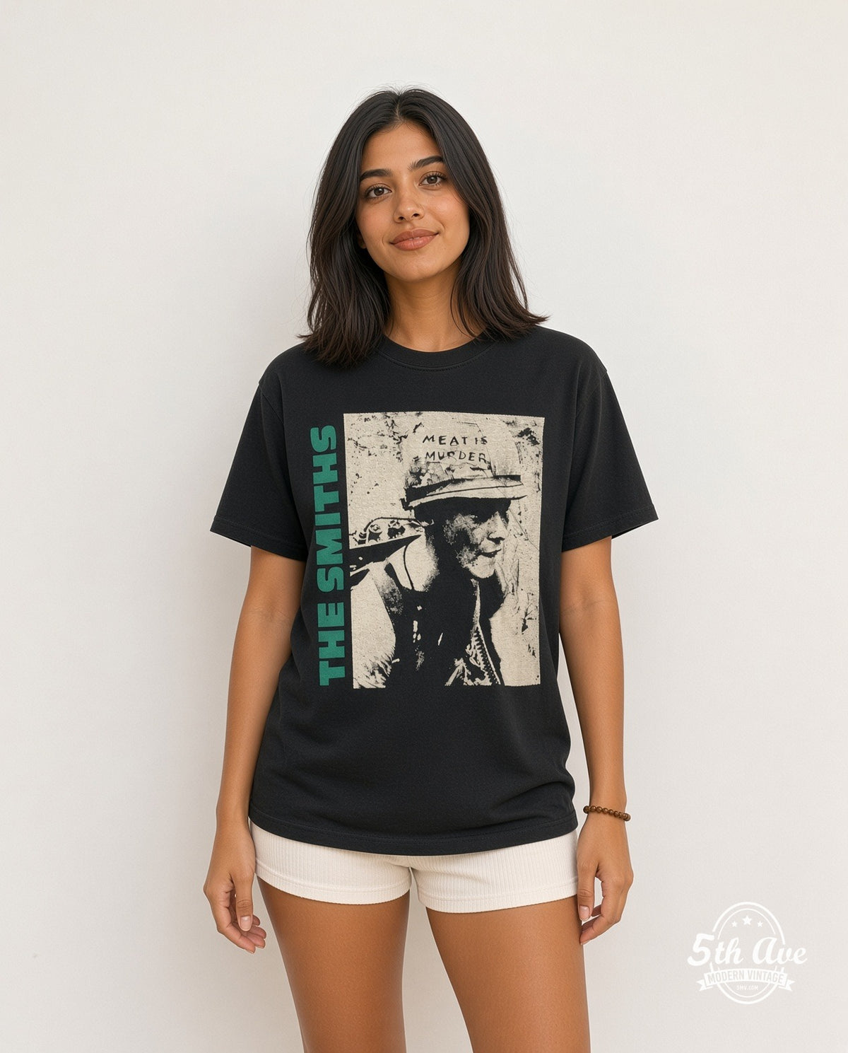 Model wearing The Smiths Meat Is Murder vintage band t-shirt