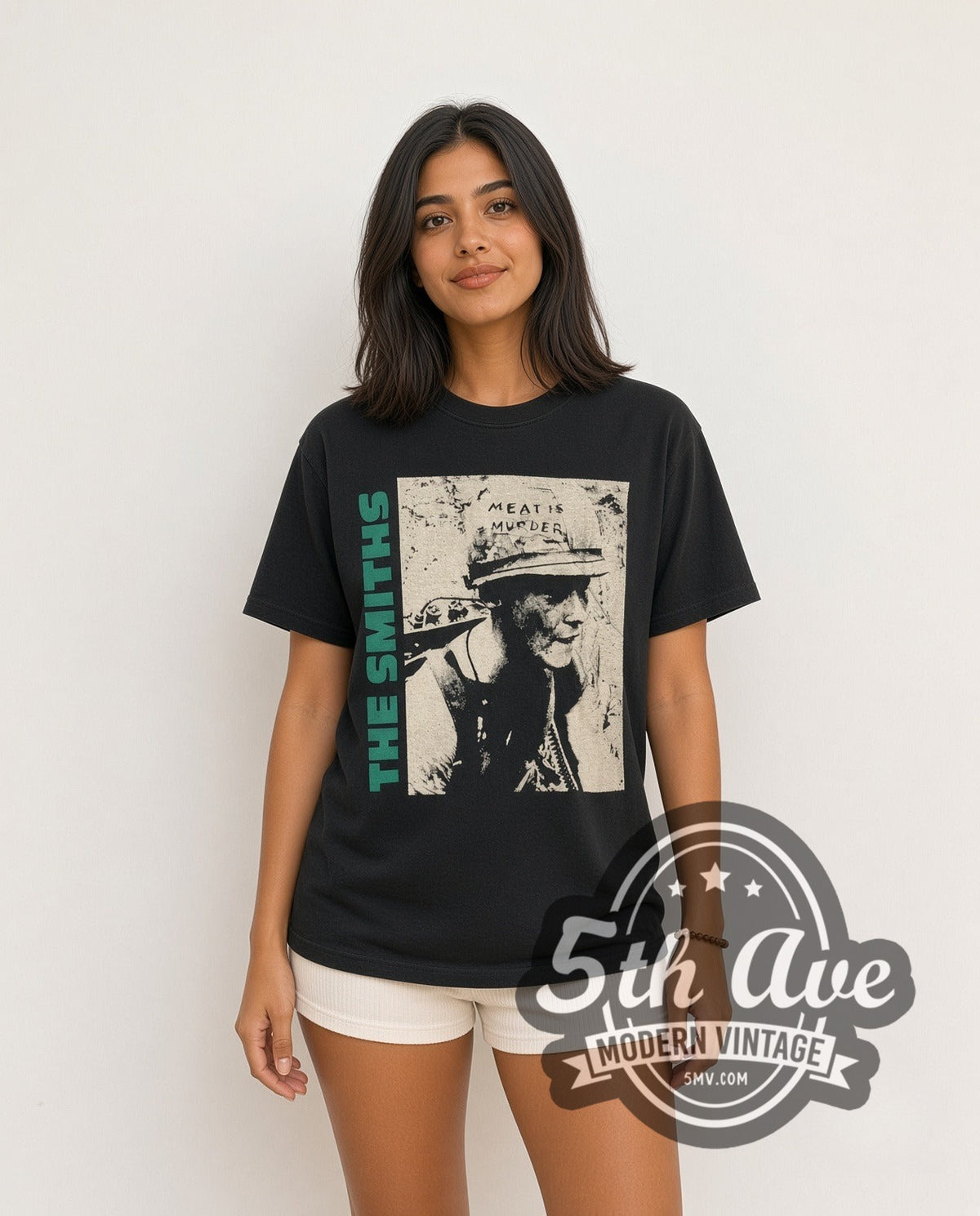 Model wearing The Smiths Meat Is Murder vintage band t-shirt