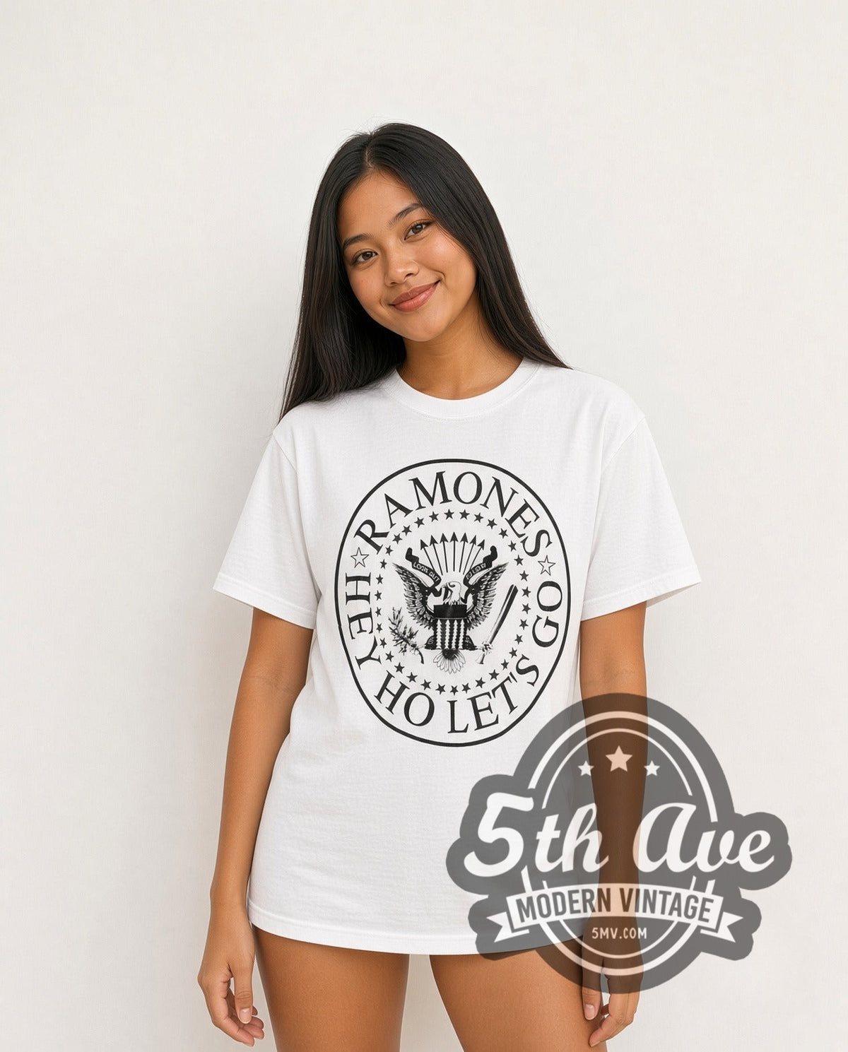 Model wearing The Ramones Hey! Ho! Let's Go Anthology vintage band t-shirt