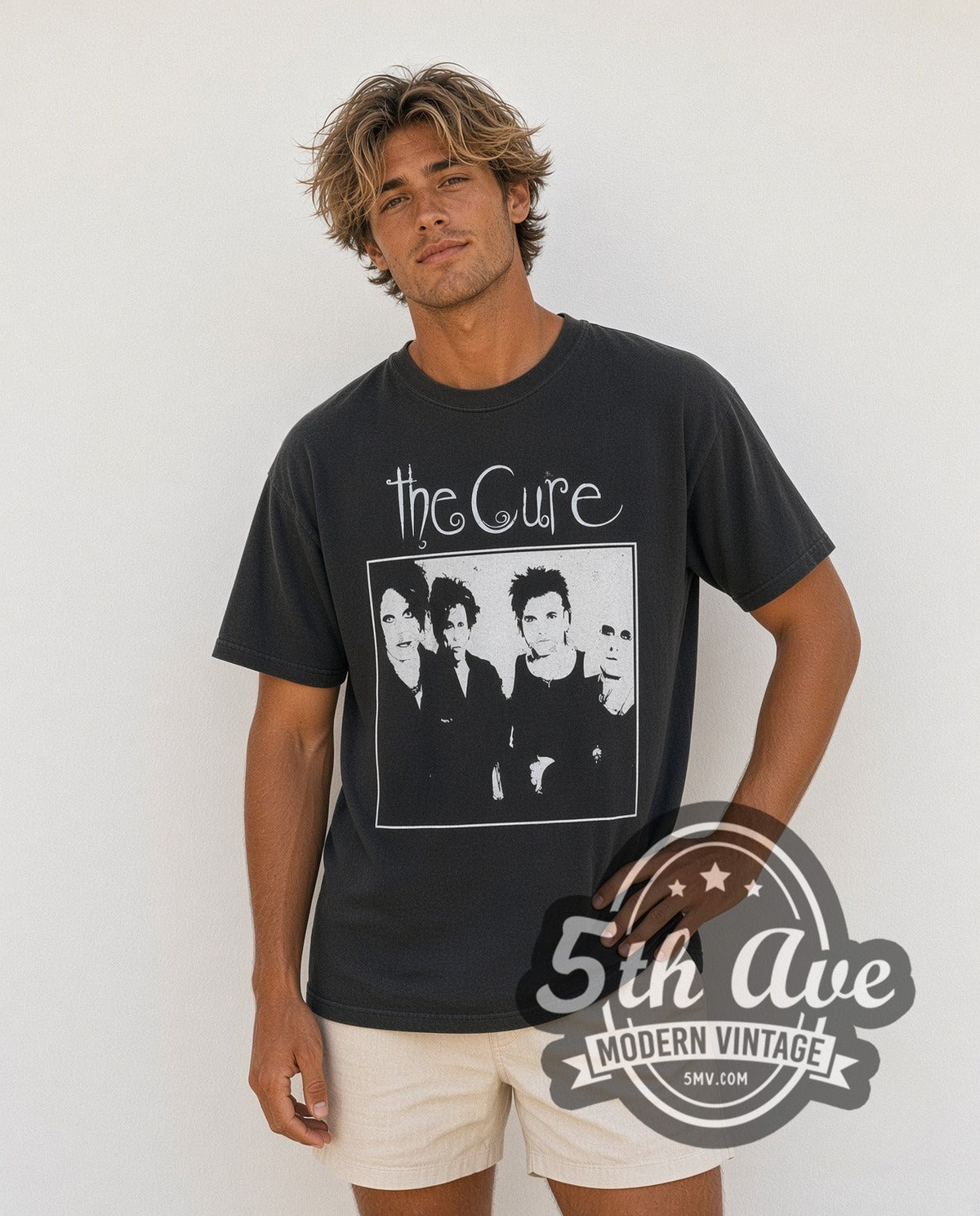 Model wearing The Cure Four Member Photo White Script vintage band t-shirt in black