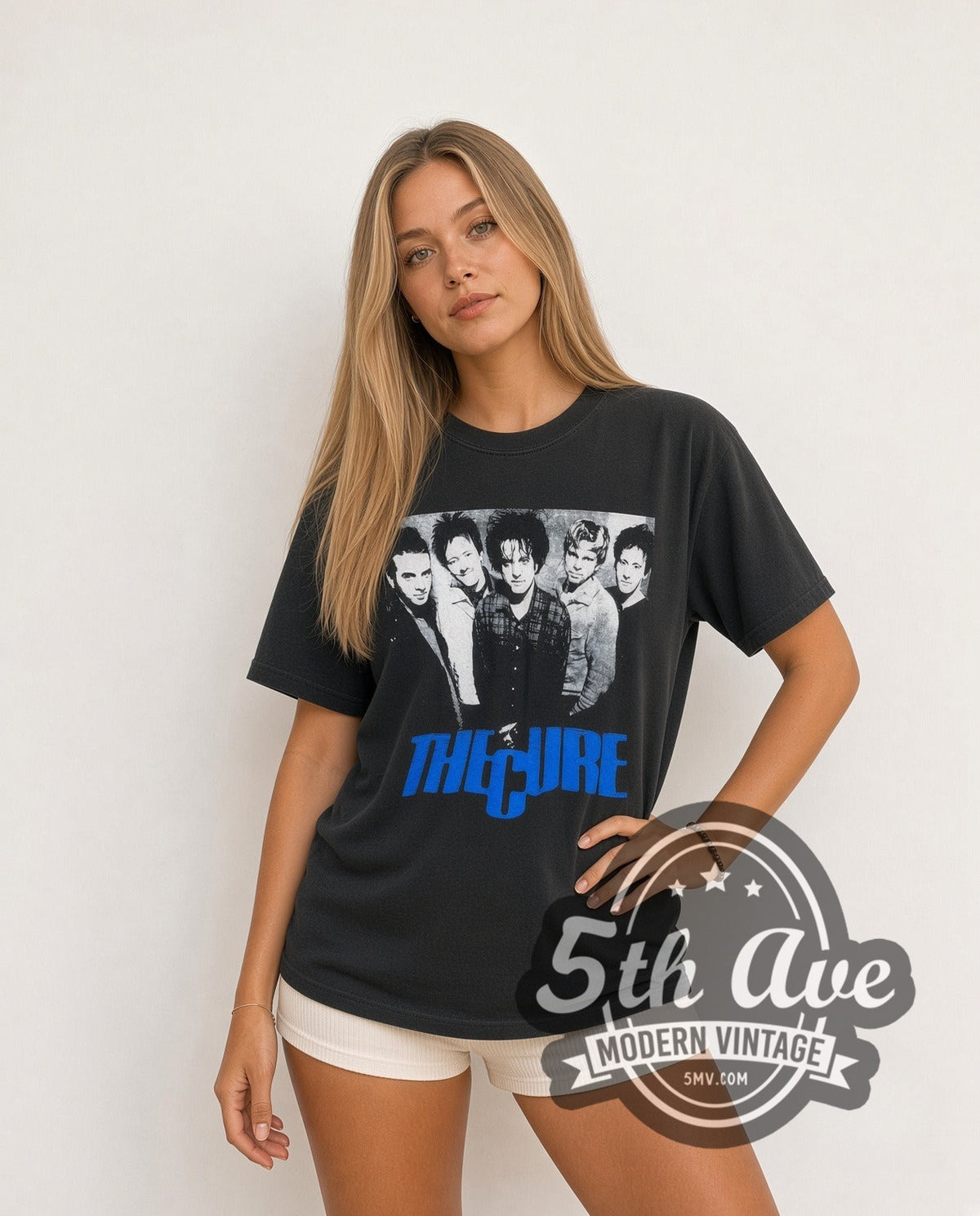 Model wearing The Cure Five Member Photo Blue Logo vintage band t-shirt