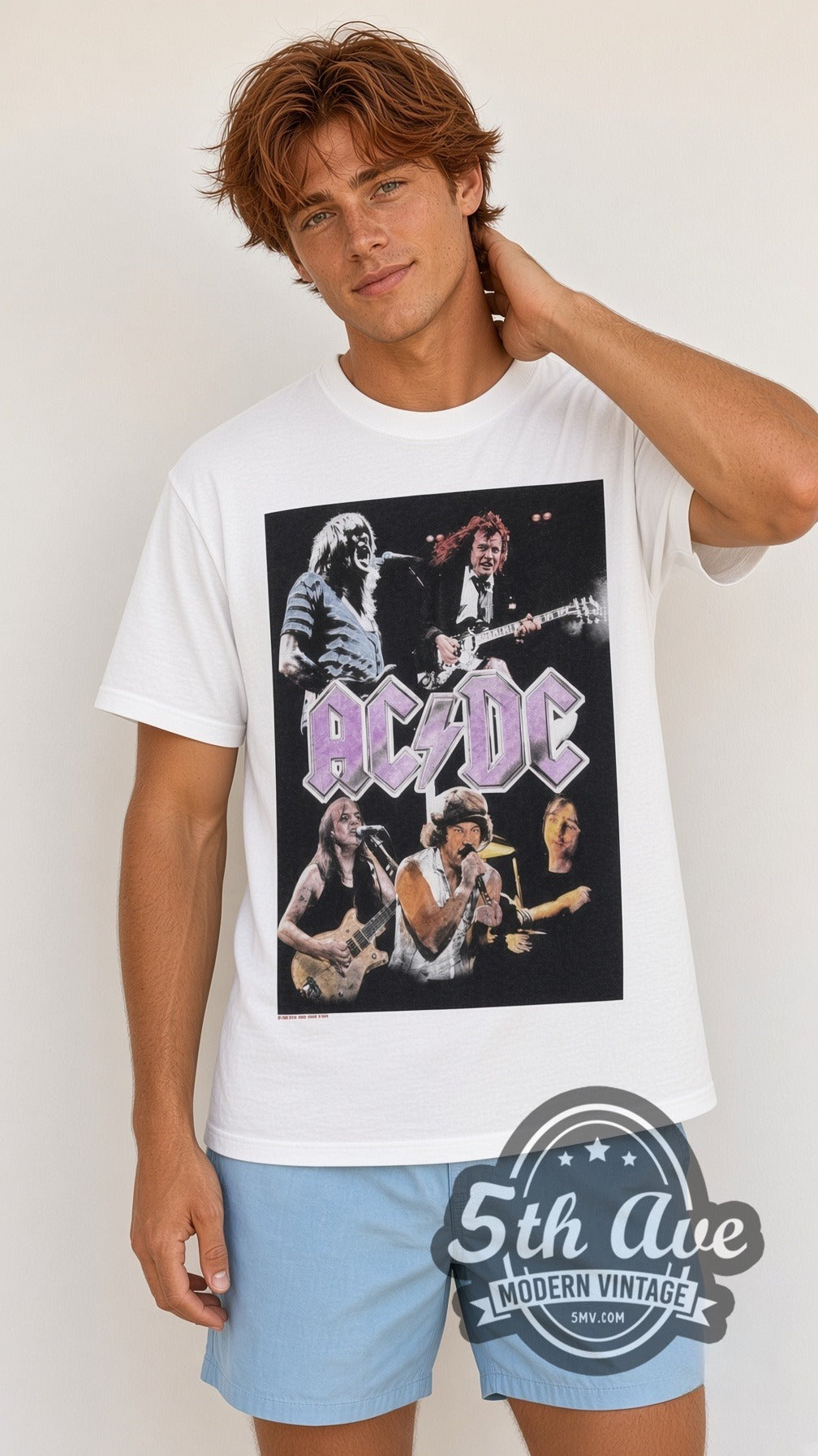 Model wearing the AC/DC Purple Logo Band vintage band t-shirt in white