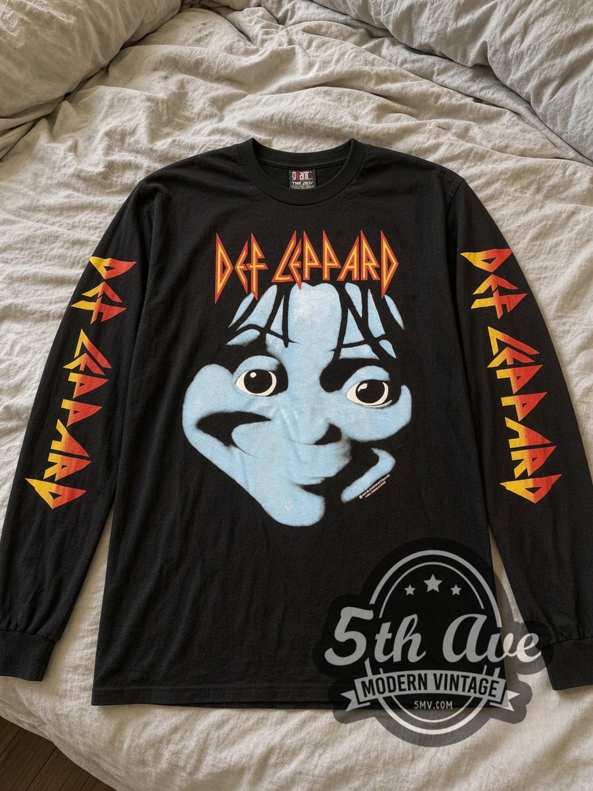 Def Leppard Blue Face vintage band long sleeve tee laid flat