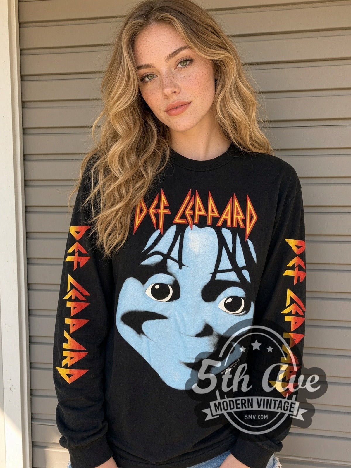 Model wearing the Def Leppard Blue Face vintage band long sleeve t-shirt