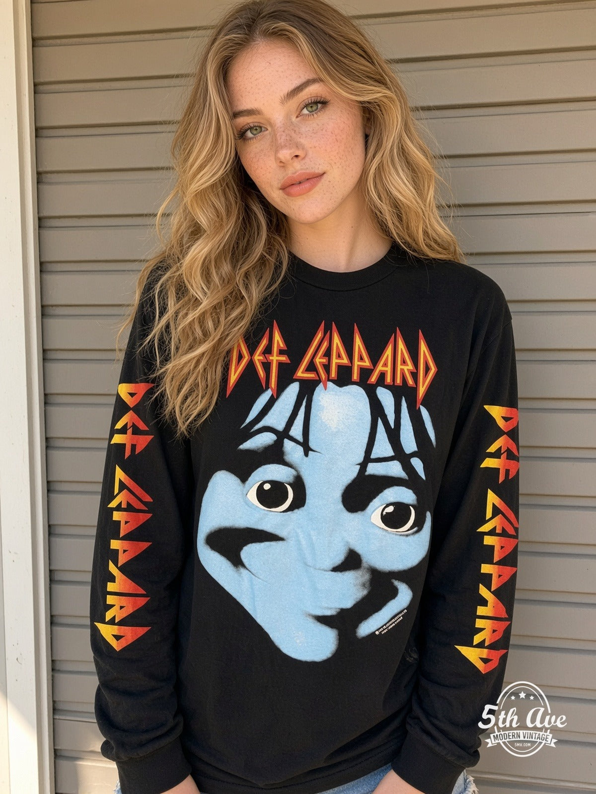 ETS LS 18 Def Leppard Blue Face long sleeve vintage tee worn by a model