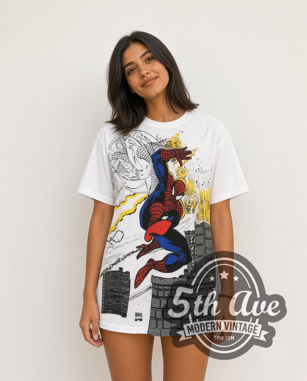 Model wearing the Marvel Spider-Man all-over-print vintage comic tee