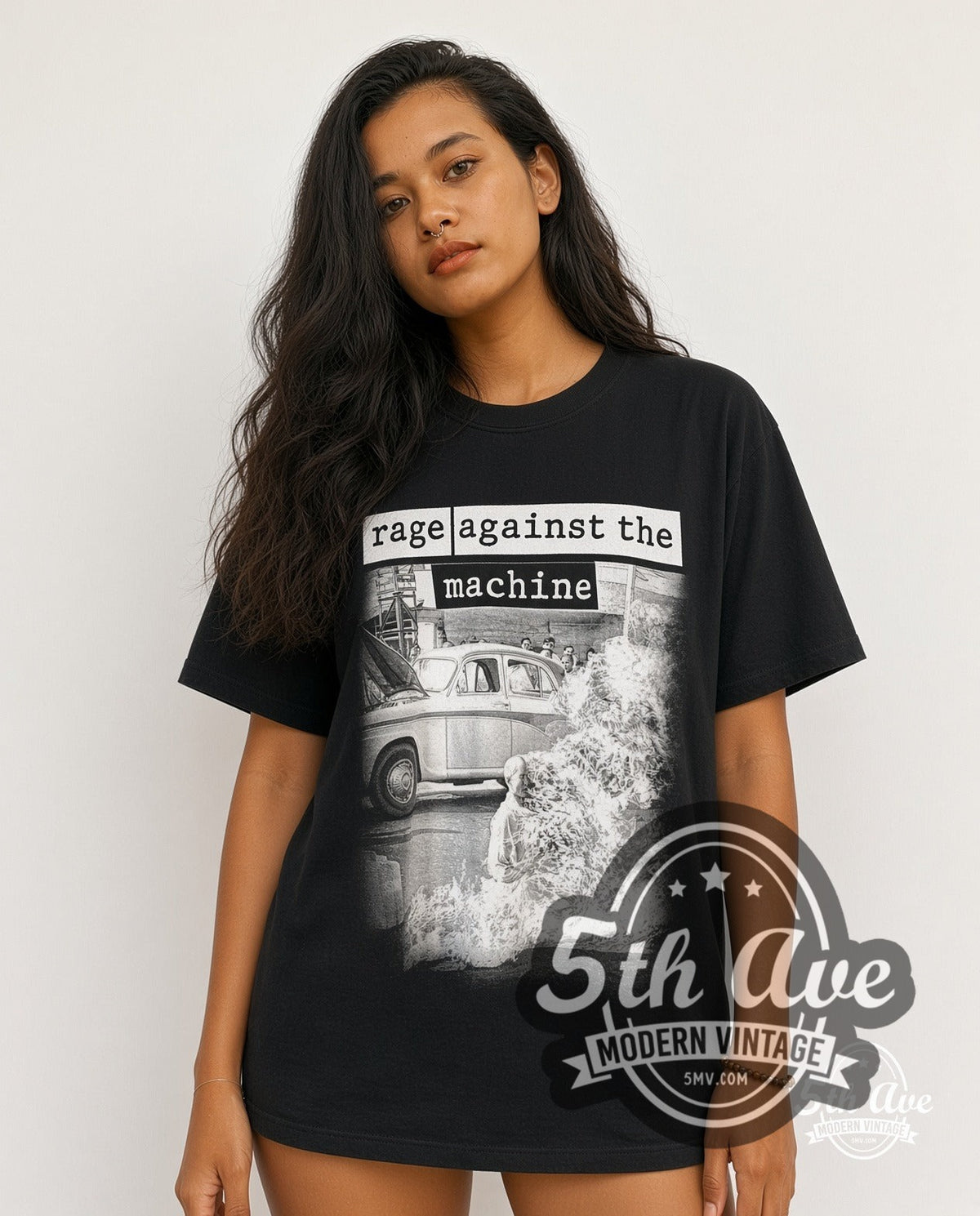 Model wearing the Rage Against the Machine Burning Monk vintage band t-shirt