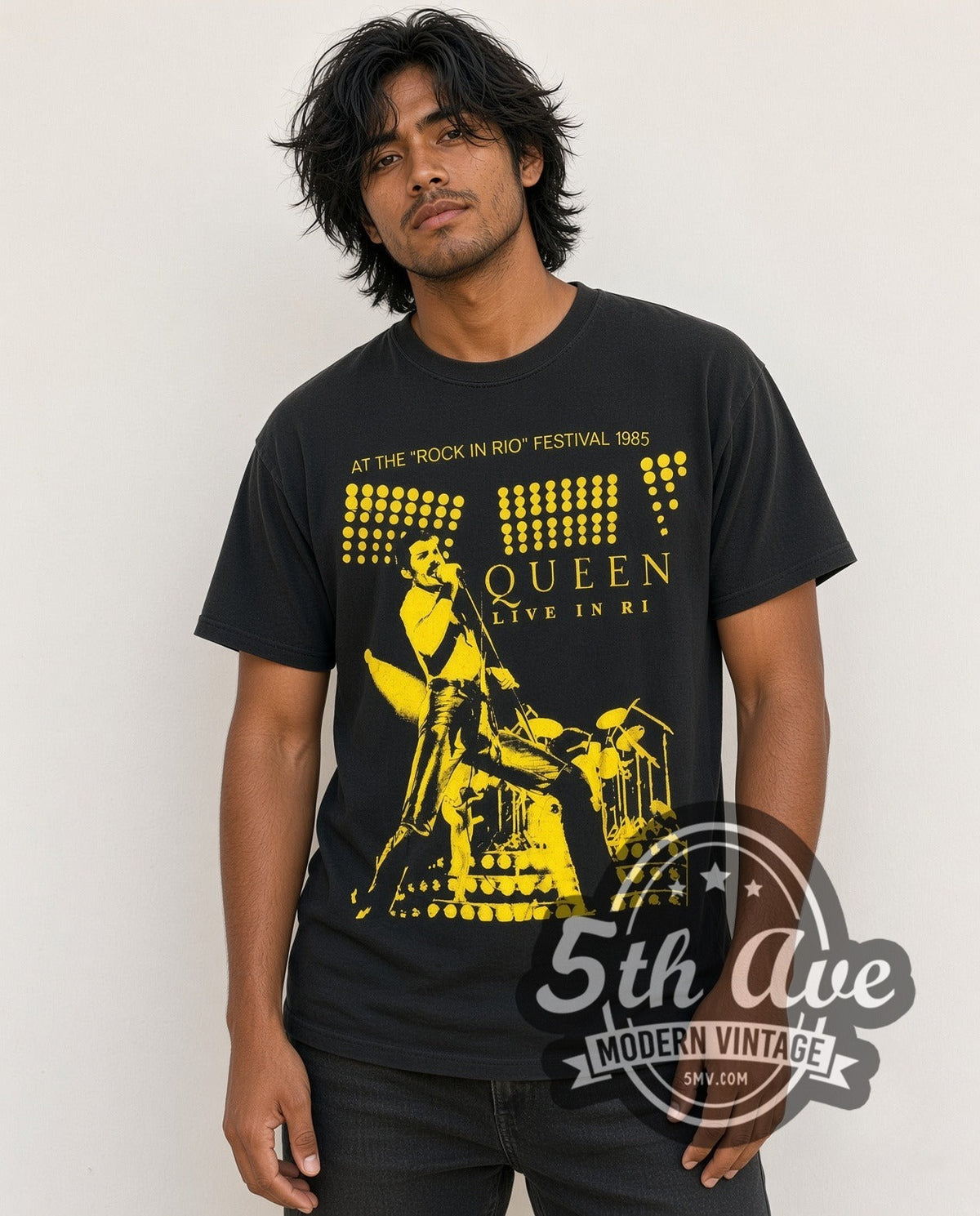 Model wearing the Queen Live in Rio / Rock in Rio Festival 1985 vintage band t-shirt