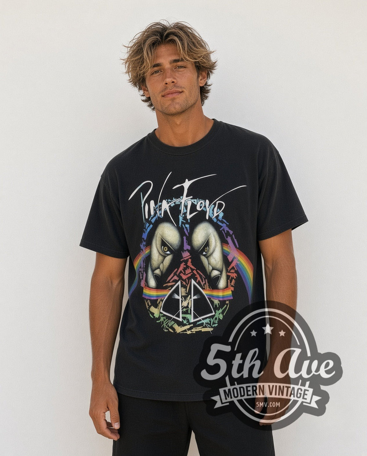 Model wearing the Pink Floyd all-over-print vintage band t-shirt