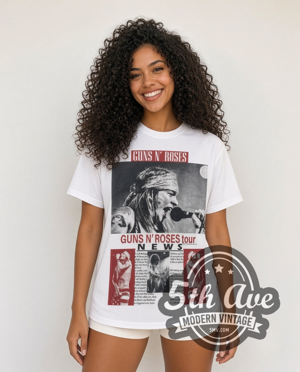 Model wearing the Guns N Roses Tour NEWS vintage band t-shirt in white