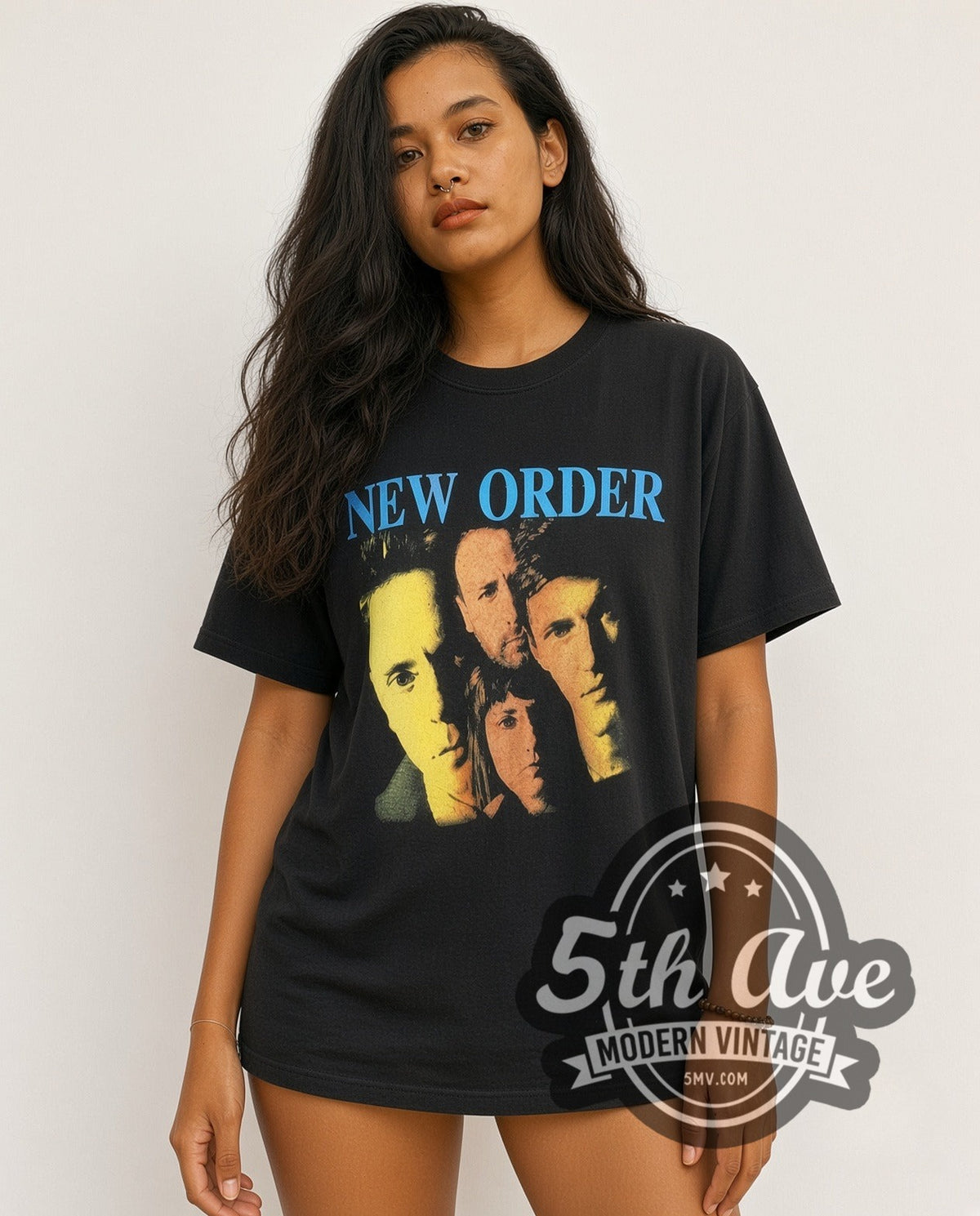 Model wearing the New Order Vibrant Collage vintage band t-shirt