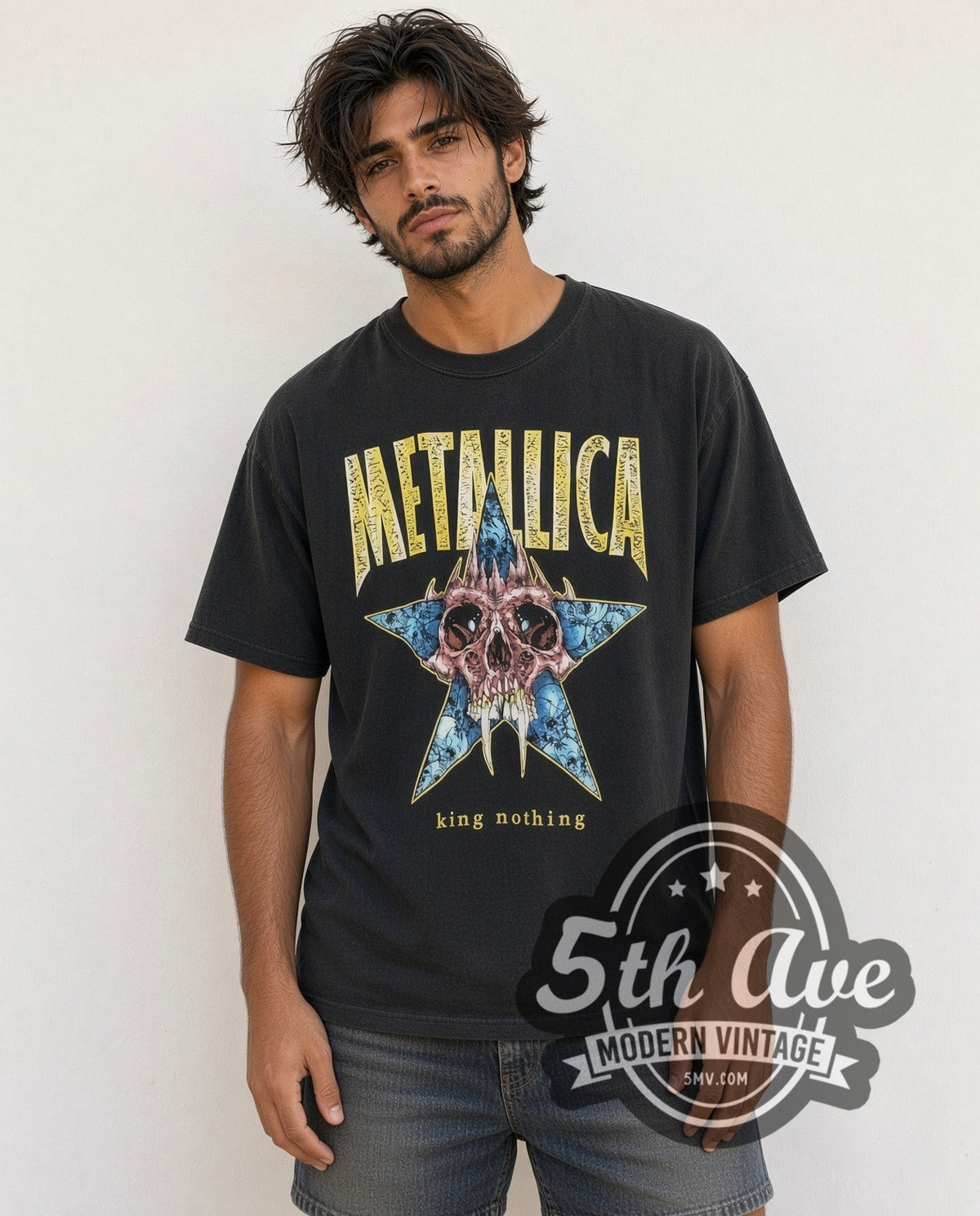 Model wearing the Metallica King Nothing Fanged Skull Blue Star vintage band t-shirt