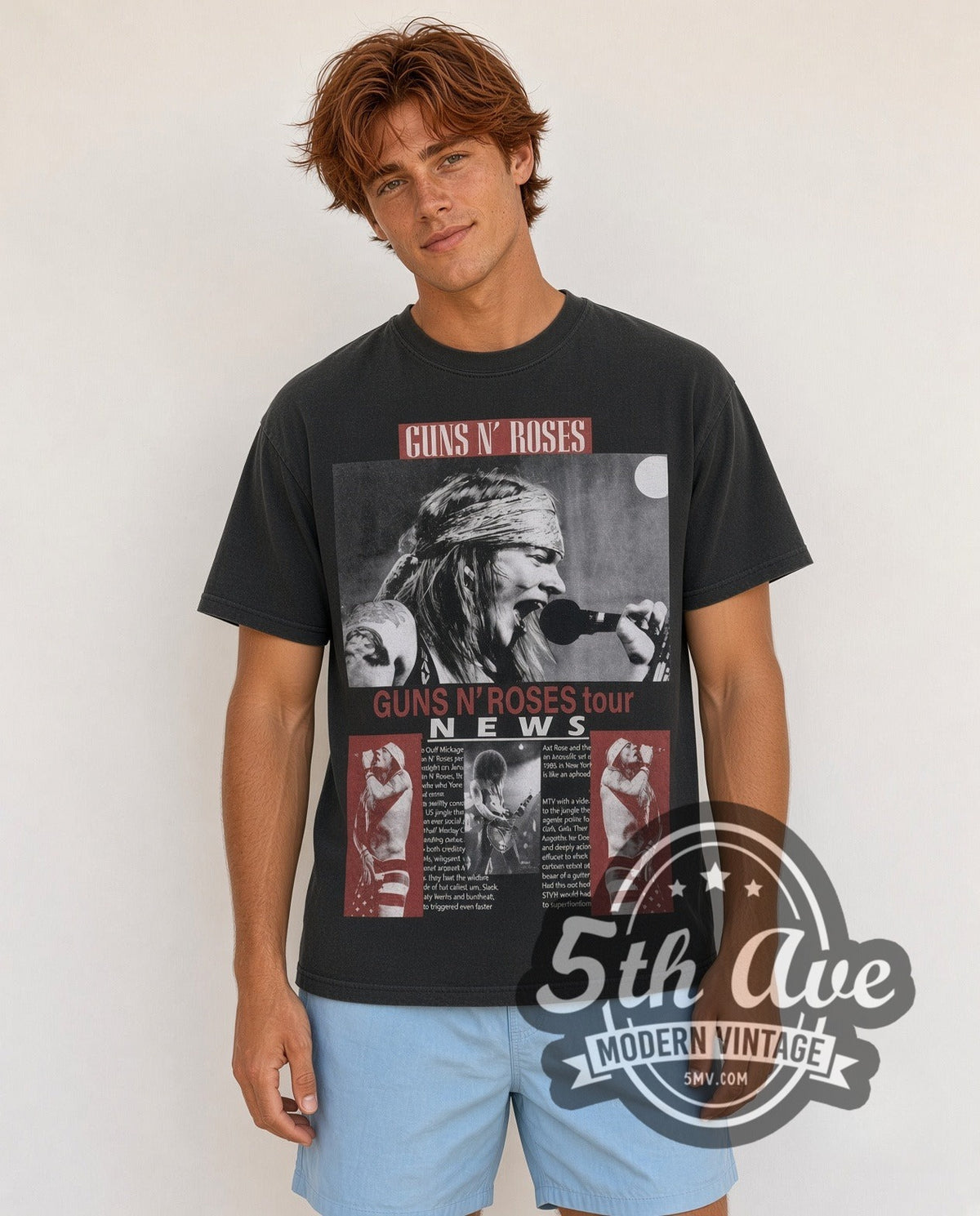 Model wearing the Guns N Roses Tour NEWS vintage band t-shirt in black
