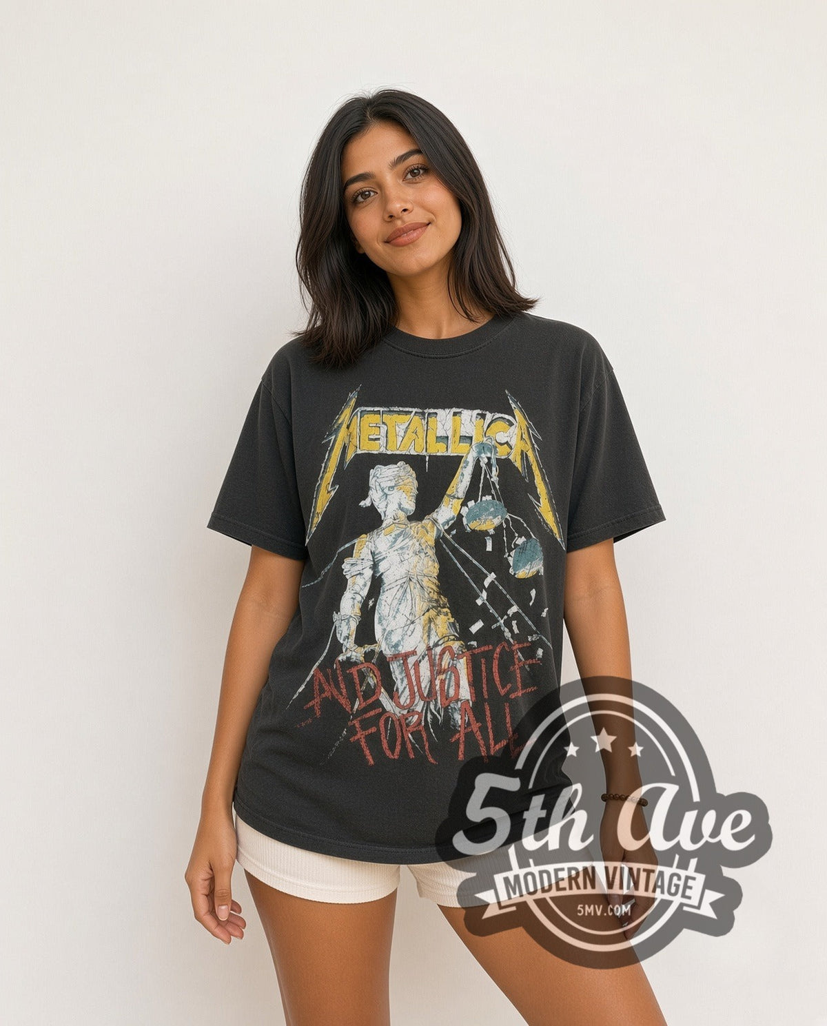 Model wearing the Metallica ...And Justice for All World Tour 1989 vintage band t-shirt