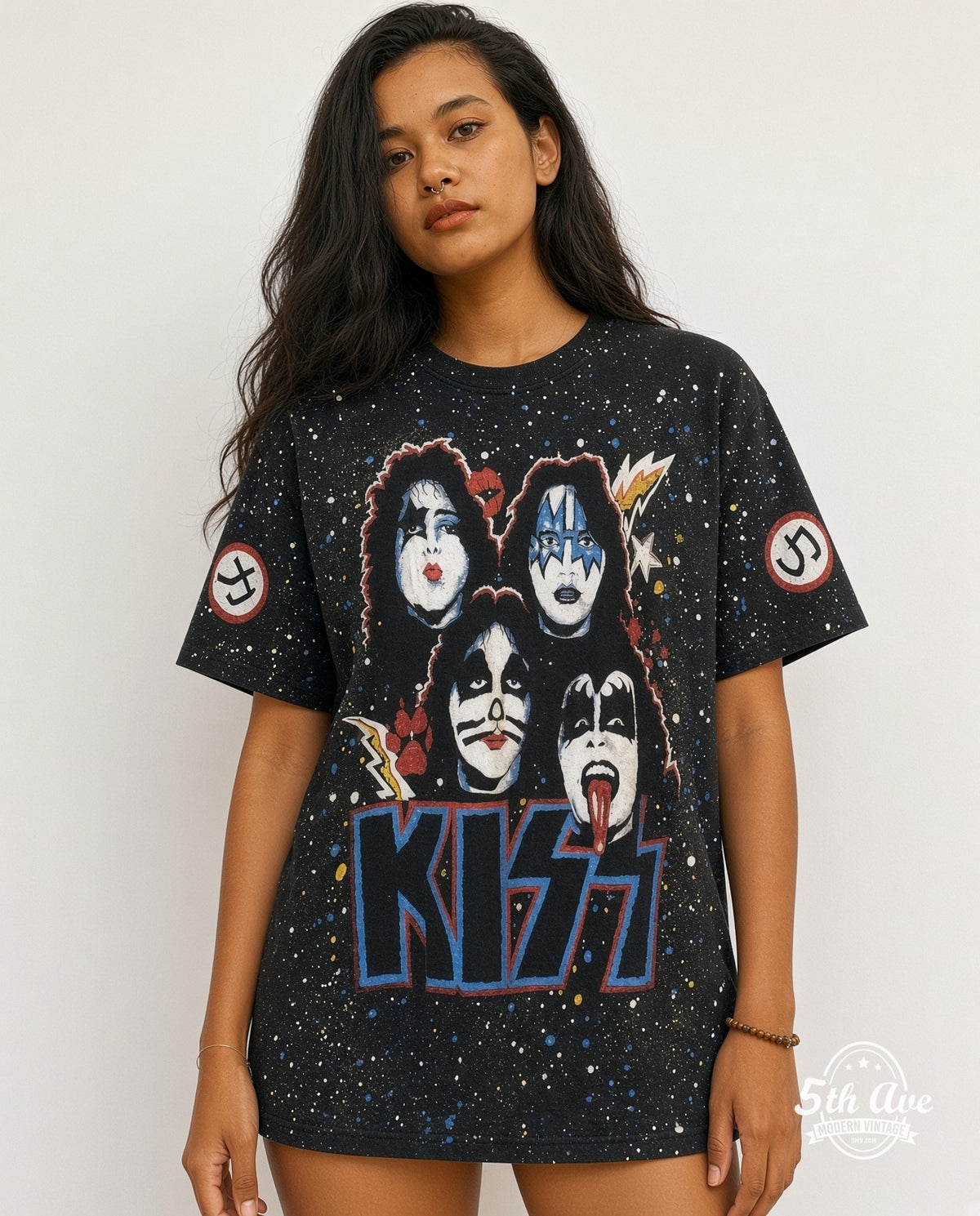 Model wearing the KISS KIϟϟ all-over-print vintage band t-shirt