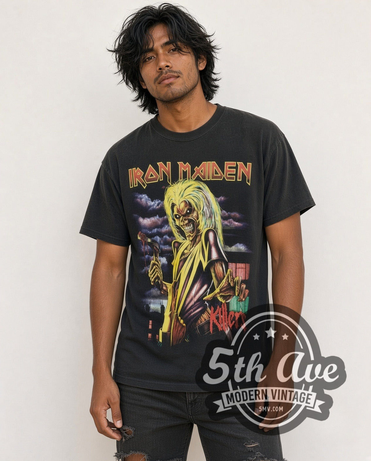 Model wearing the Iron Maiden Killers Album Art City Skyline vintage band t-shirt