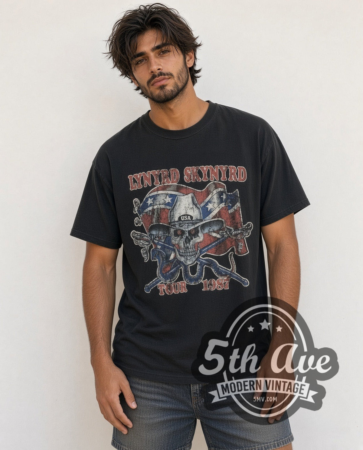 Model wearing the Lynyrd Skynyrd 1987 Tour Rebel Skull vintage band t-shirt