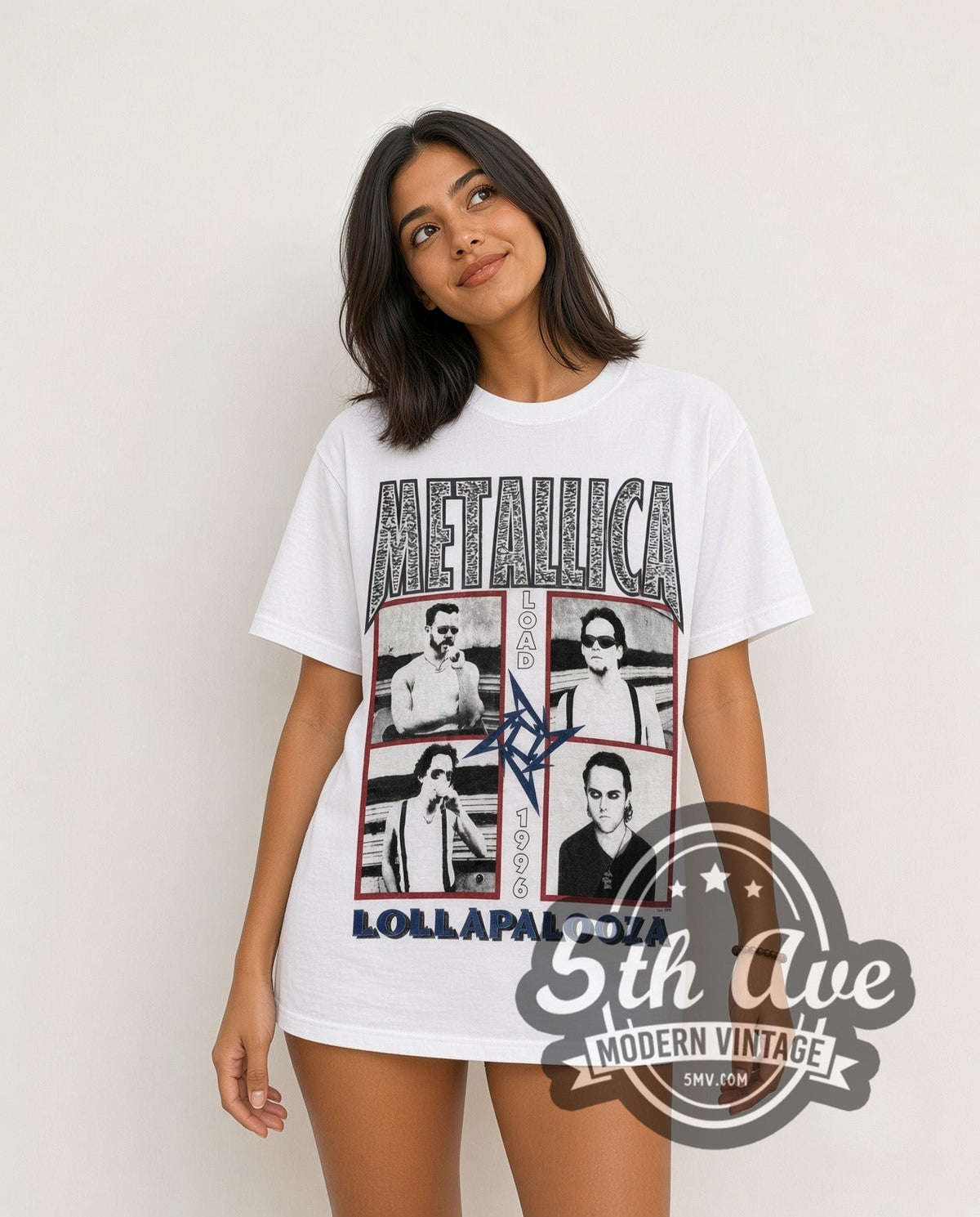 Model wearing the Metallica Load Lollapalooza 1996 vintage band t-shirt in white