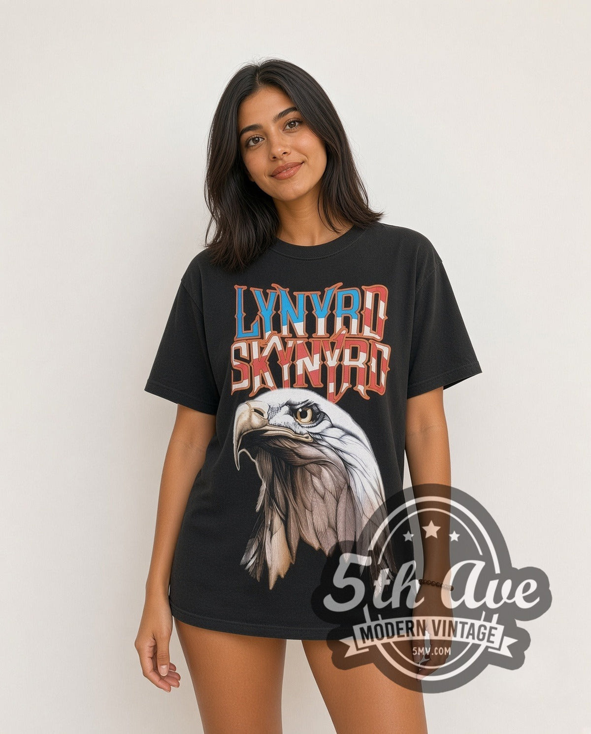 Model wearing the Lynyrd Skynyrd vintage band t-shirt