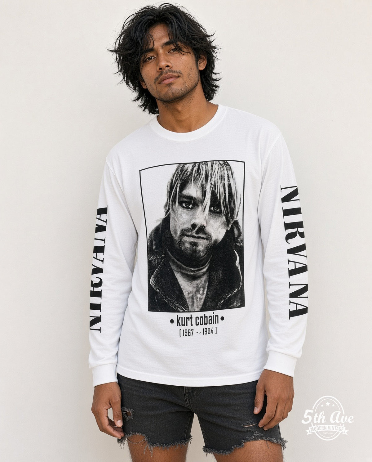 Model wearing the Nirvana Kurt Cobain 1967-1994 Portrait Long Sleeve vintage band t-shirt