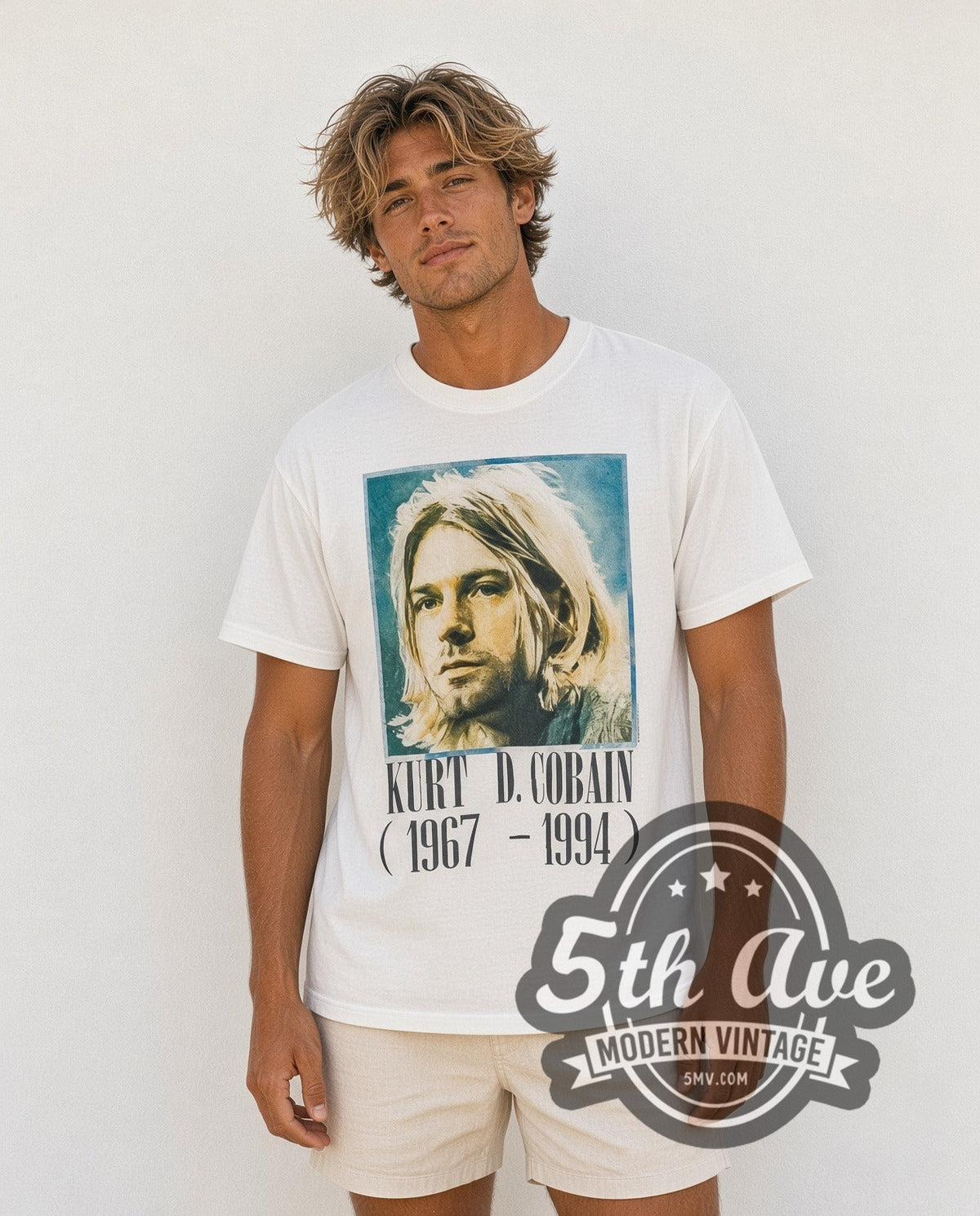 Model wearing the Kurt Cobain 1967-1994 vintage band t-shirt
