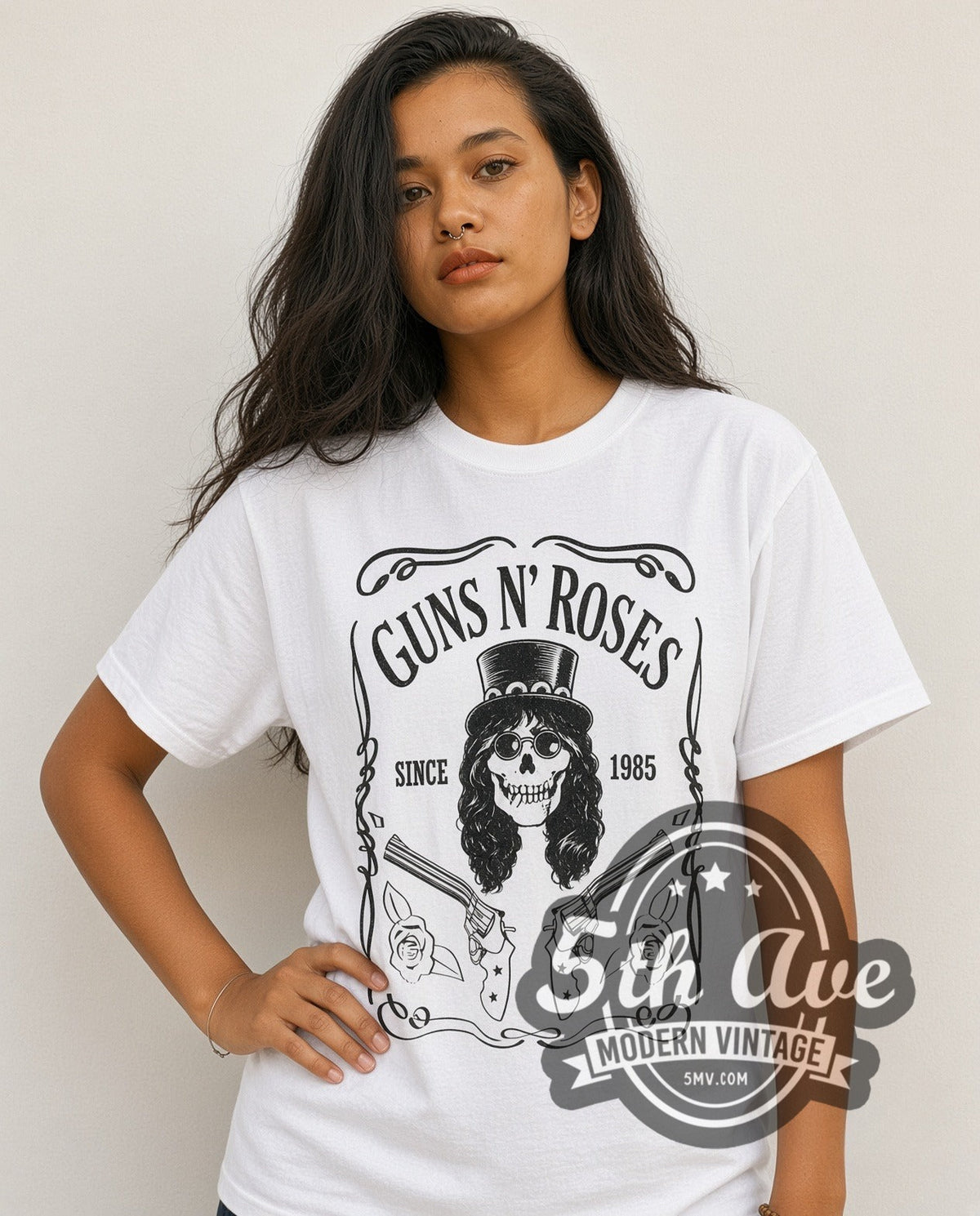 Model wearing the Guns N' Roses Legacy vintage band t-shirt